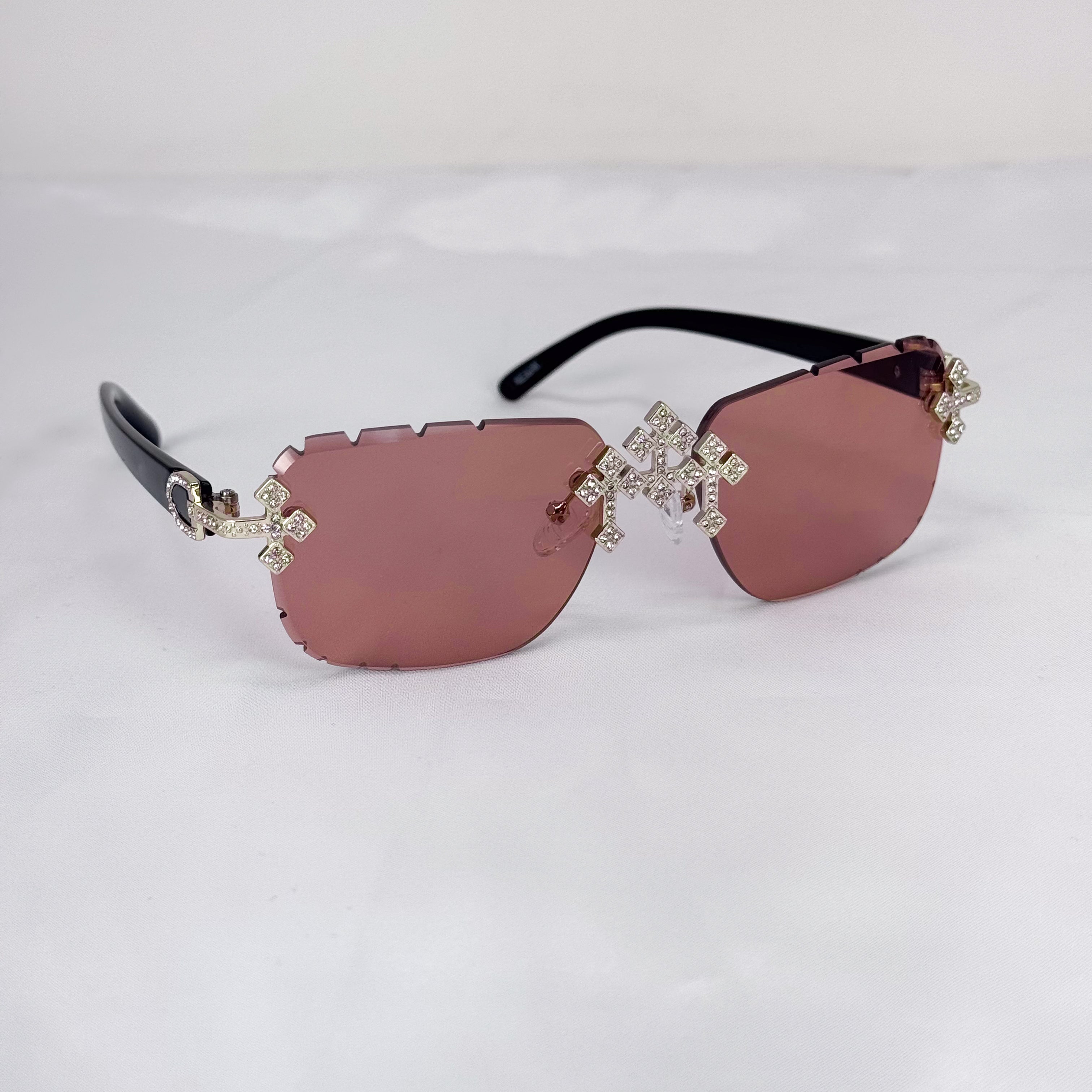 Brown gradient Iced Triple Cross Sunglasses with gold crystal cross hardware and sleek black arms.