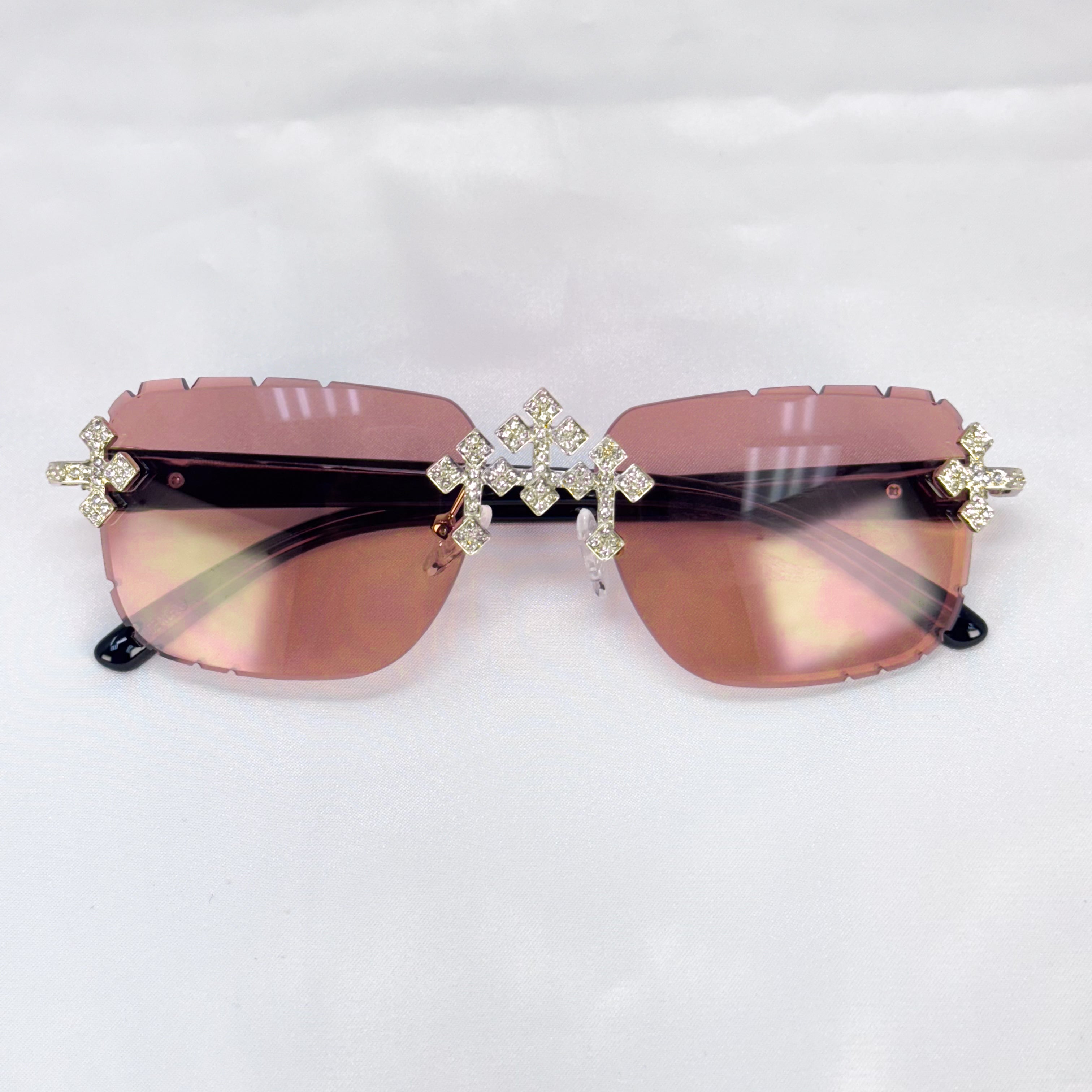 Brown lens Iced Triple Cross Sunglasses featuring reflective tint and sparkling crystal crosses.