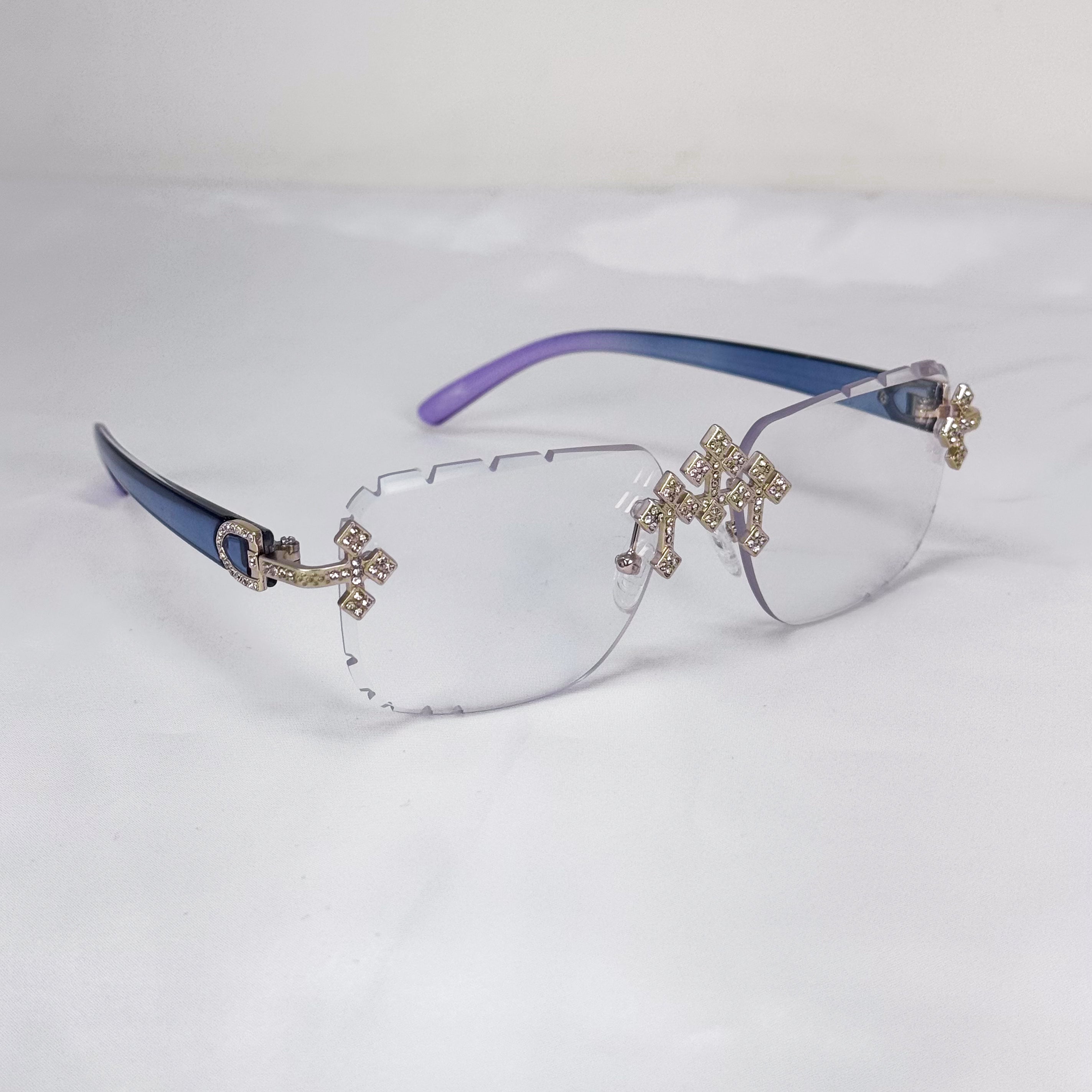 Clear lens Iced Triple Cross Sunglasses featuring gold crystal cross accents and gradient arms.