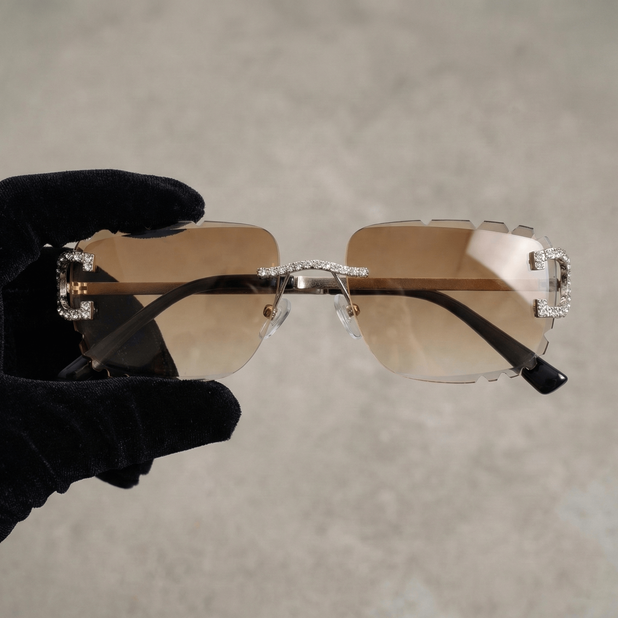 Iced Out Rimless Sunglasses - Brown Lens