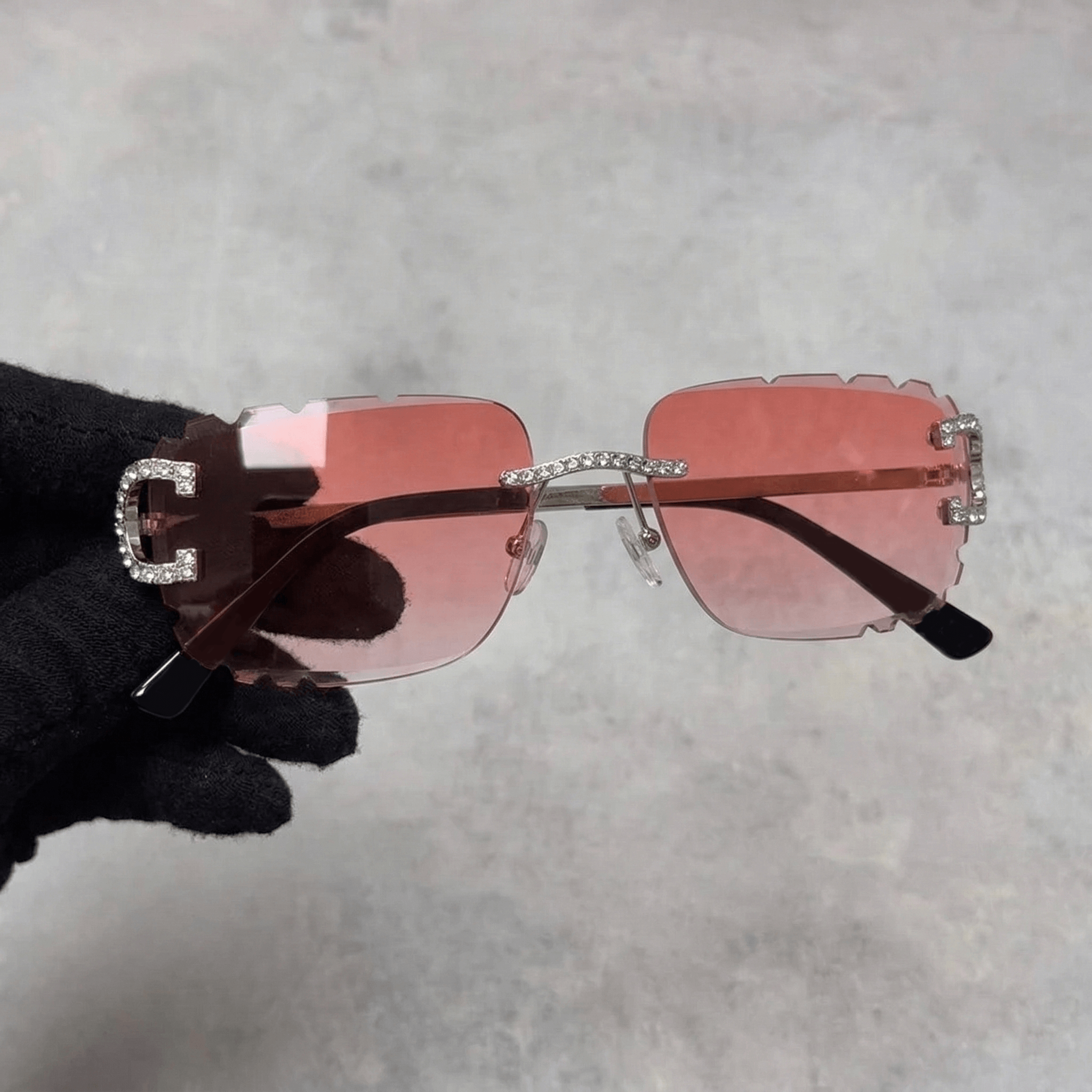 Iced Out Rimless Sunglasses - Pink Lens