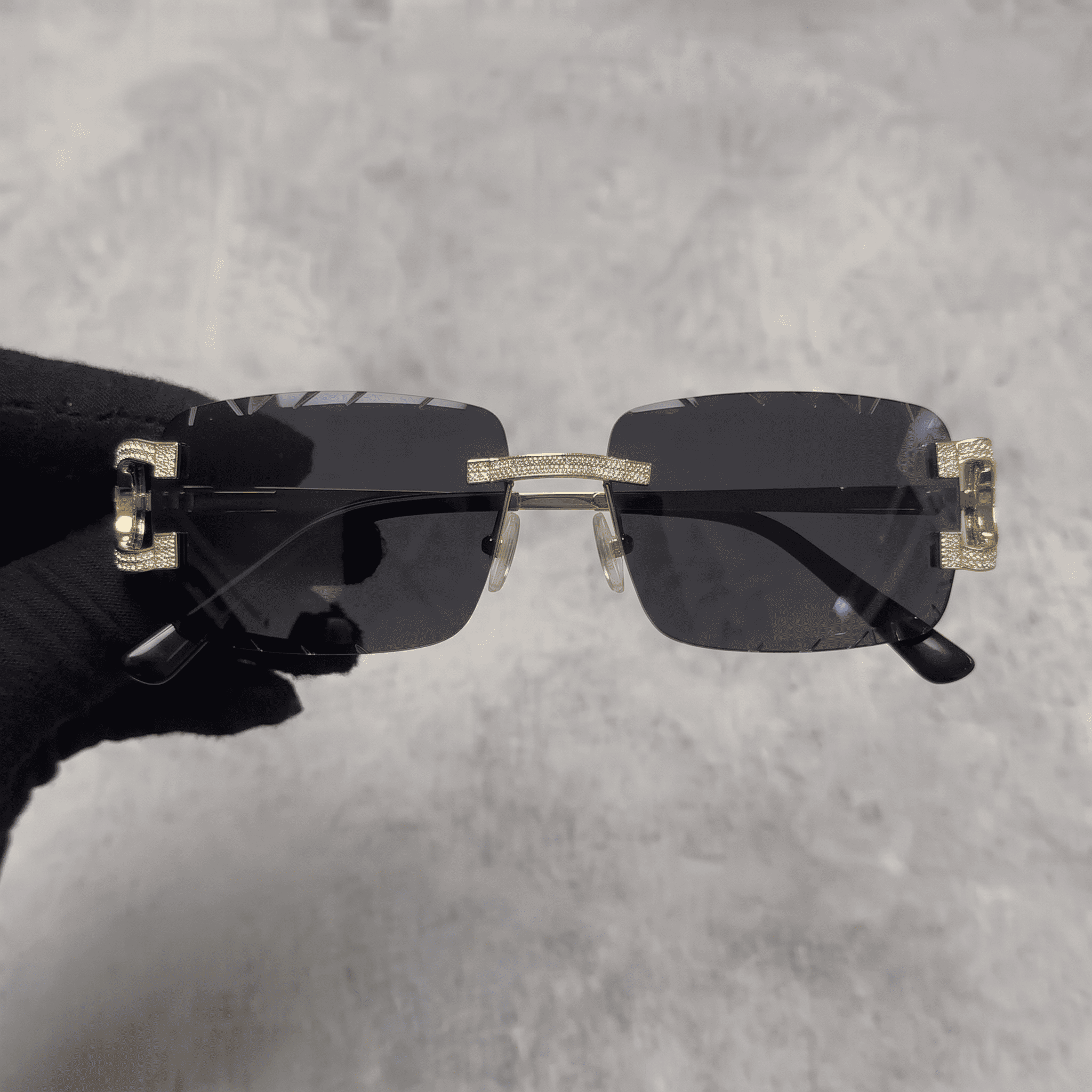 Iced Out 3.23CT Moissanite Rimless Sunglasses in Brass - Black Lens