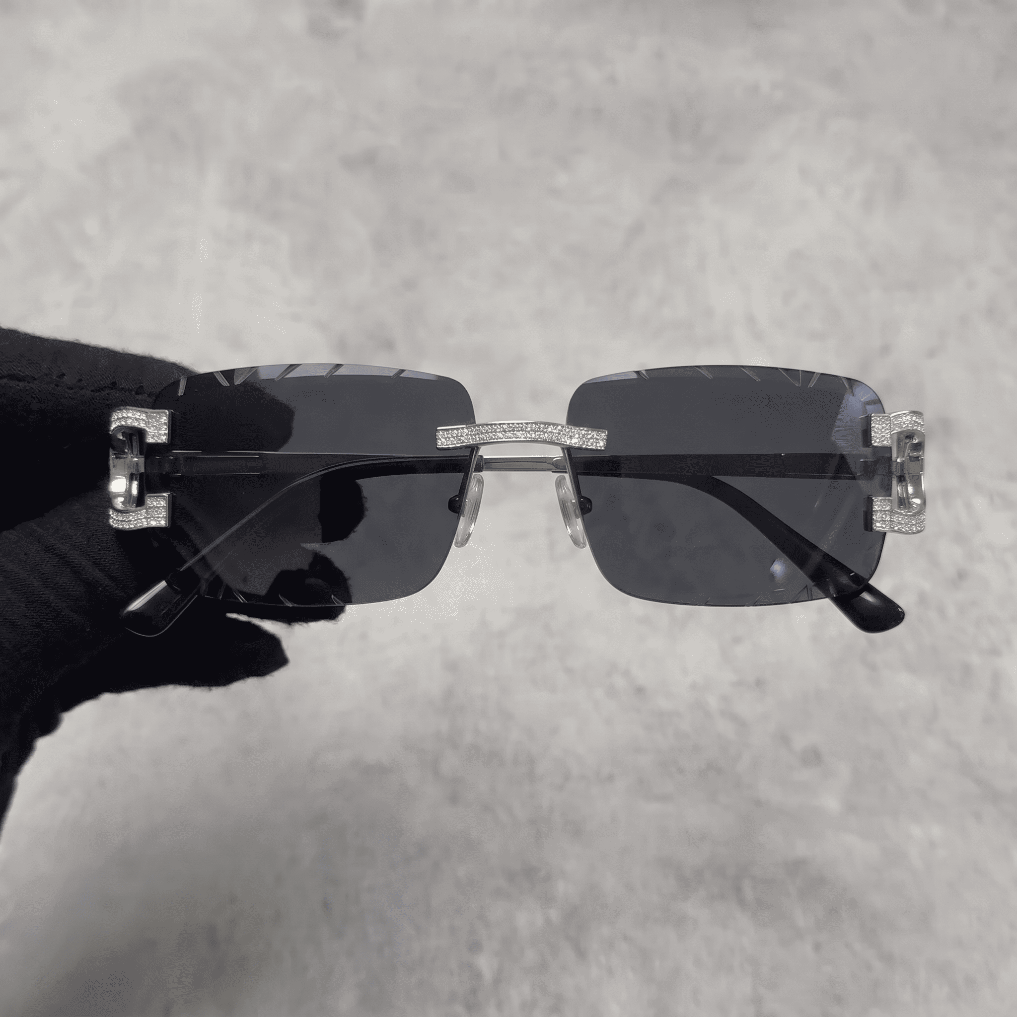 Iced Out 3.23CT Moissanite Rimless Sunglasses in Brass - Black Lens