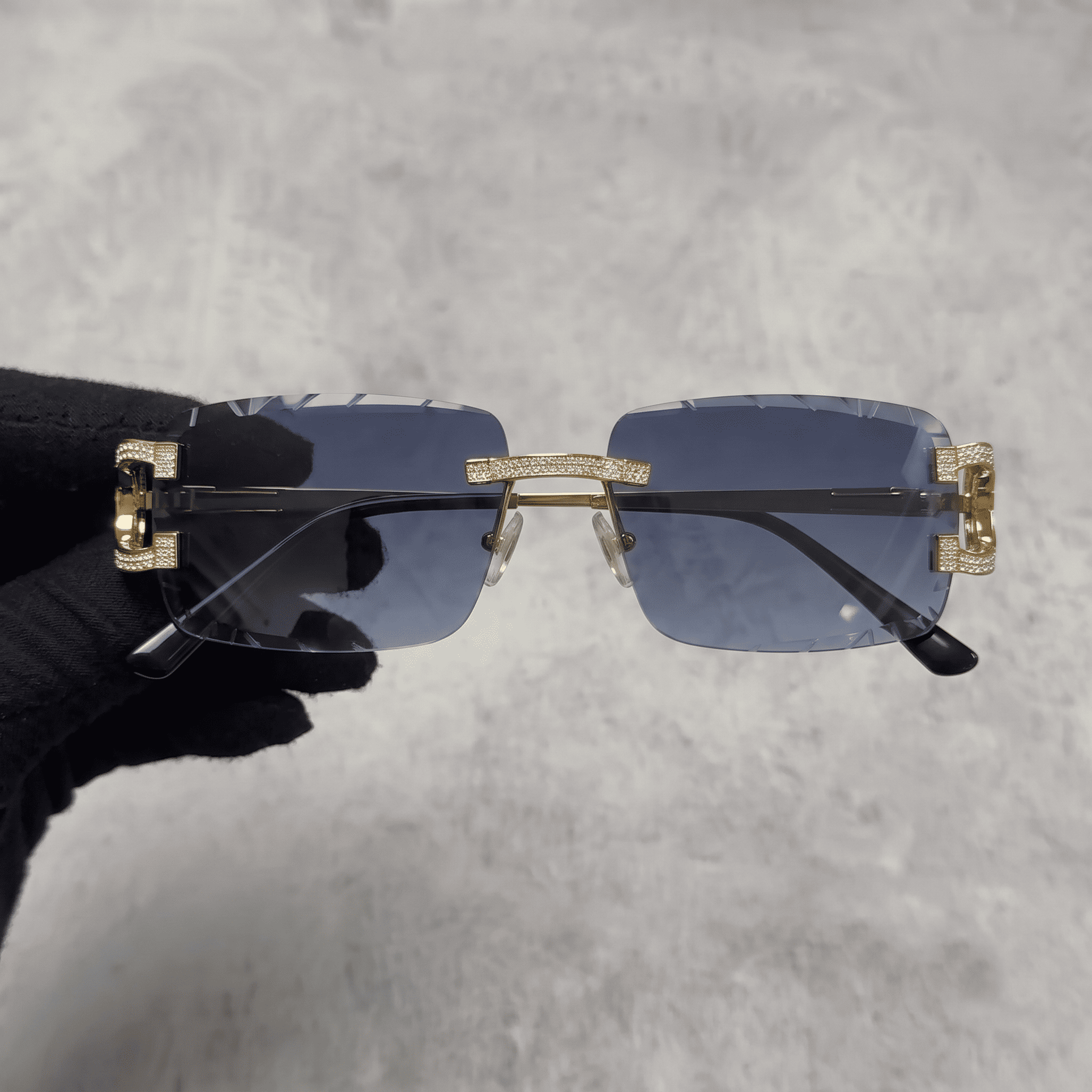 Iced Out 3.23CT Moissanite Rimless Sunglasses in Brass - Blue Lens