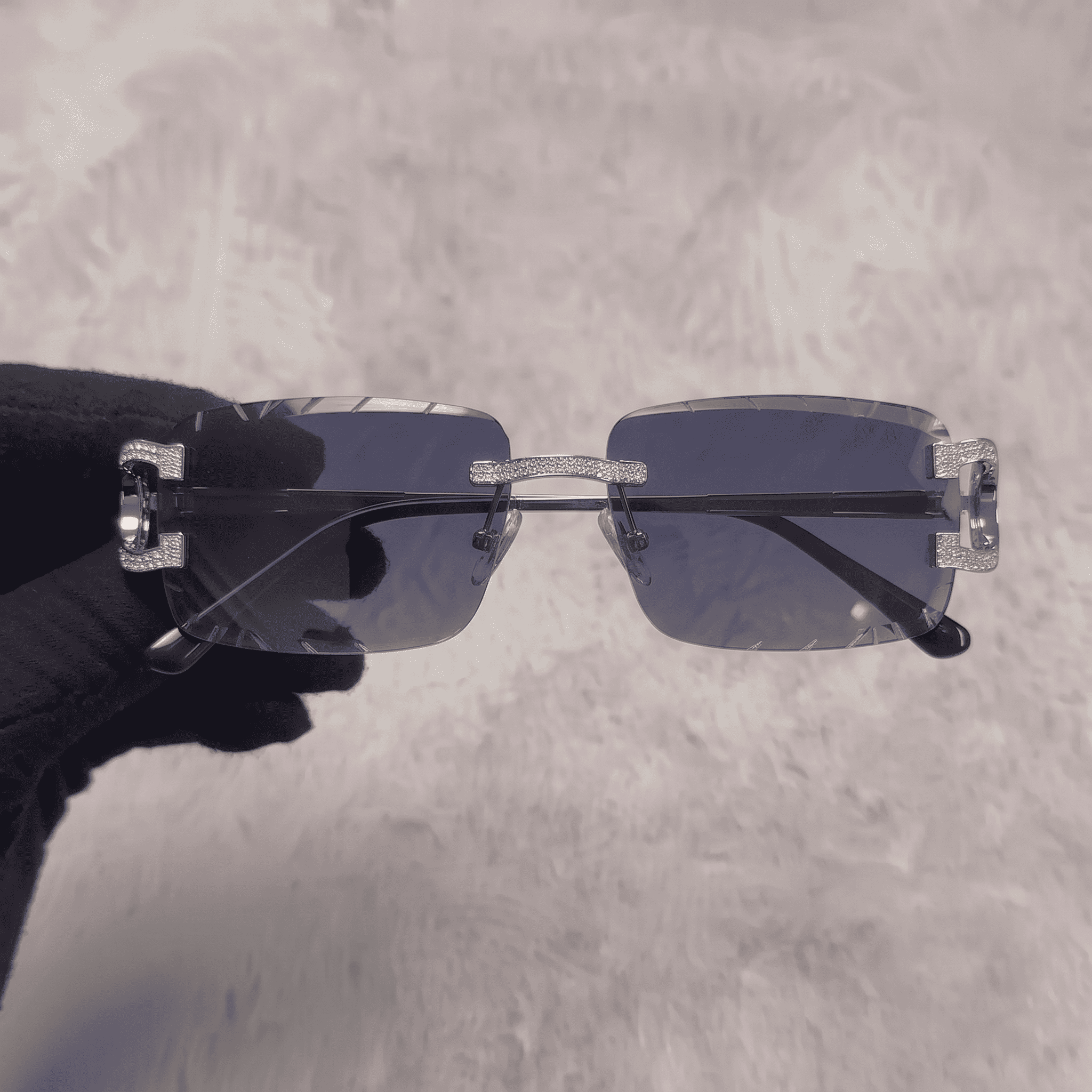 Iced Out 3.23CT Moissanite Rimless Sunglasses in Brass - Blue Lens