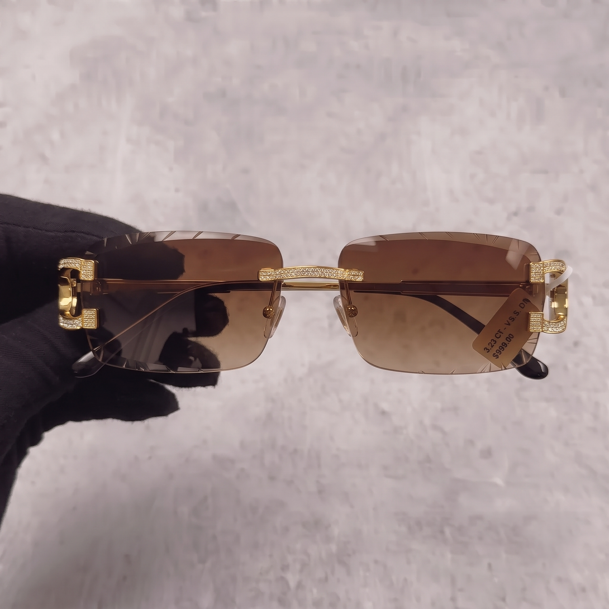 Iced Out 3.23CT Moissanite Rimless Sunglasses in Brass - Brown Lens