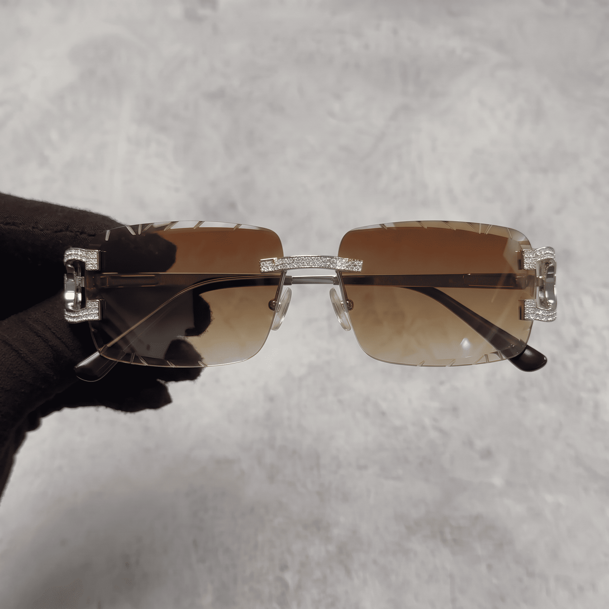 Iced Out 3.23CT Moissanite Rimless Sunglasses in Brass - Brown Lens