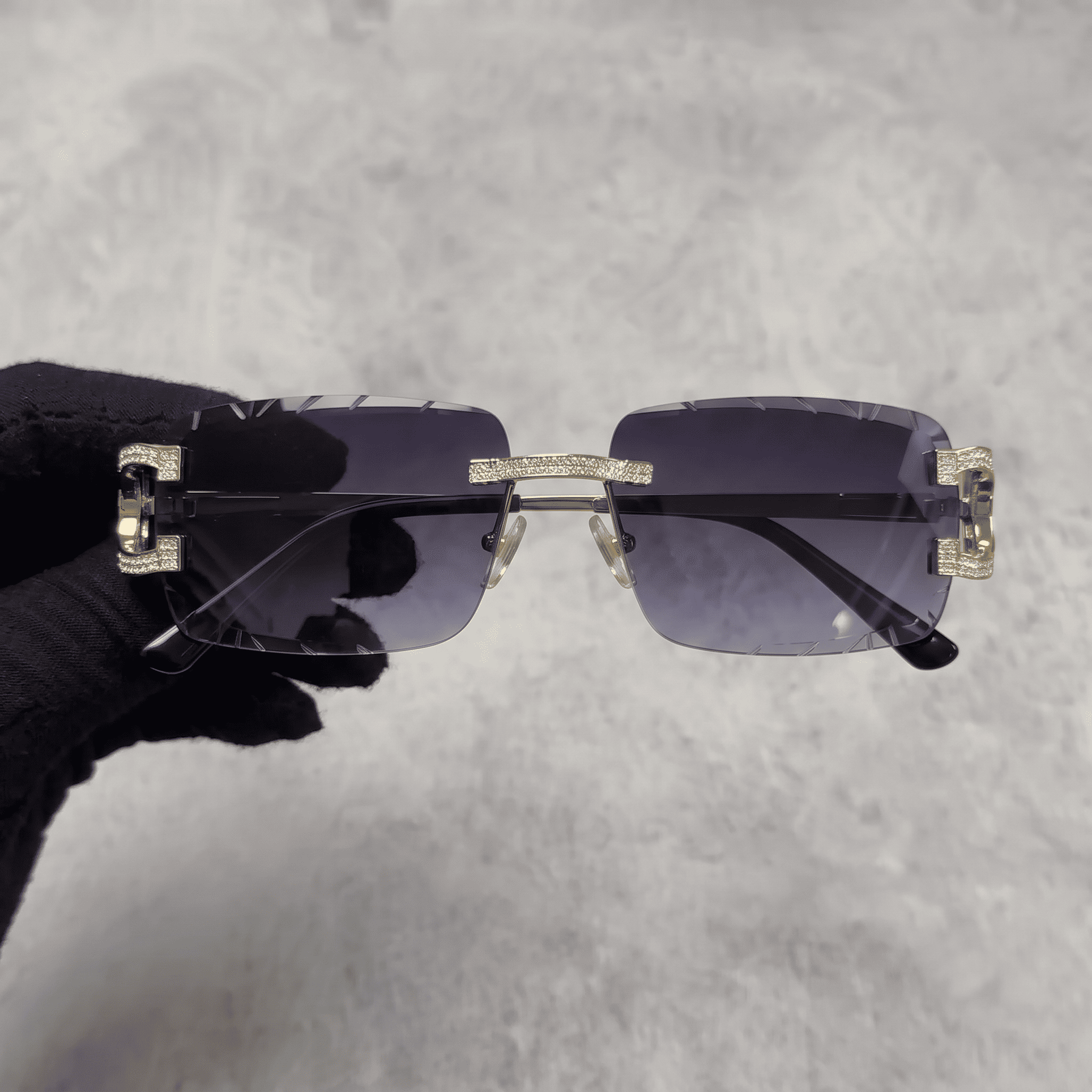 Iced Out 3.23CT Moissanite Rimless Sunglasses in Brass - Smoke Lens