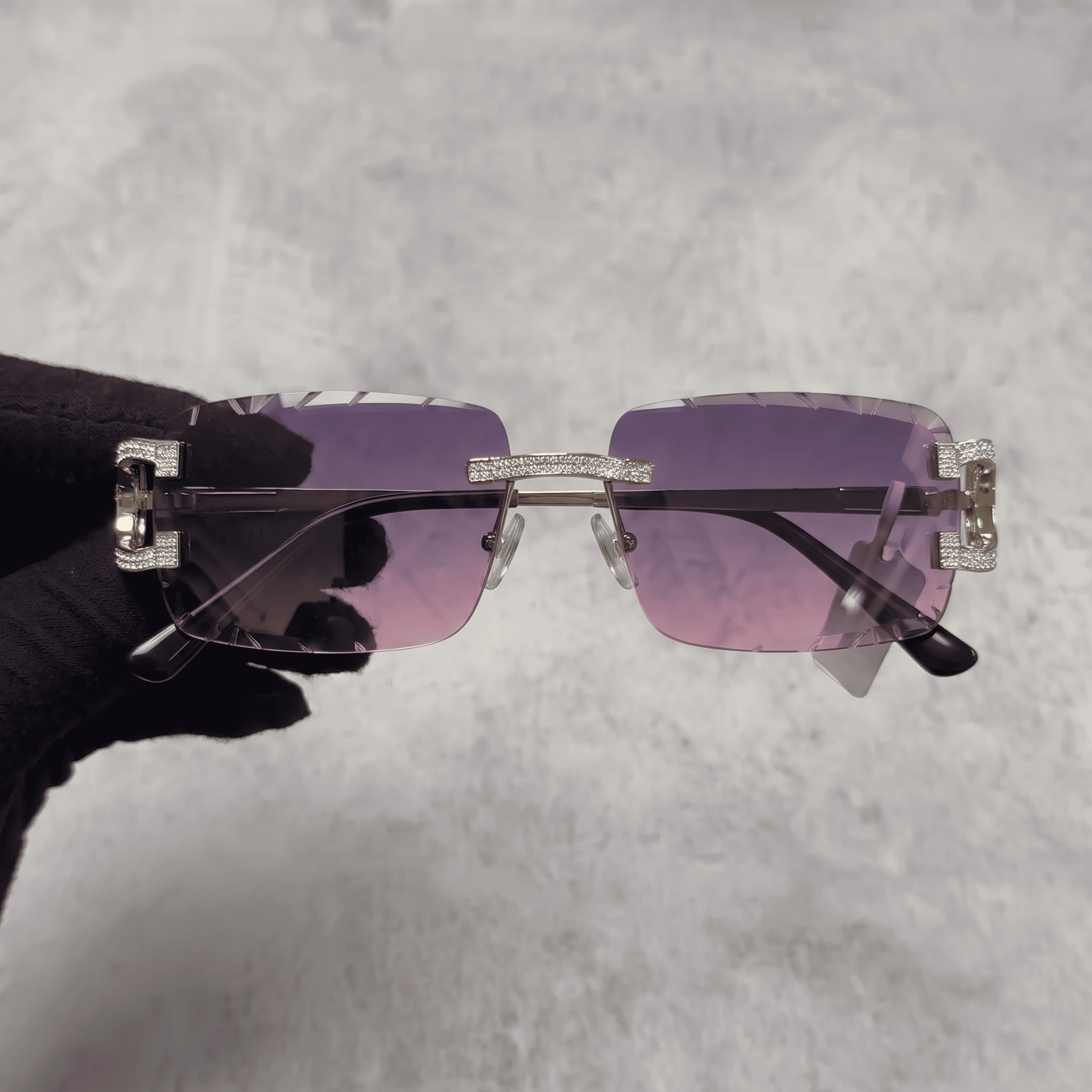 Iced Out 3.23CT Moissanite Rimless Sunglasses in Brass - Pink Lens
