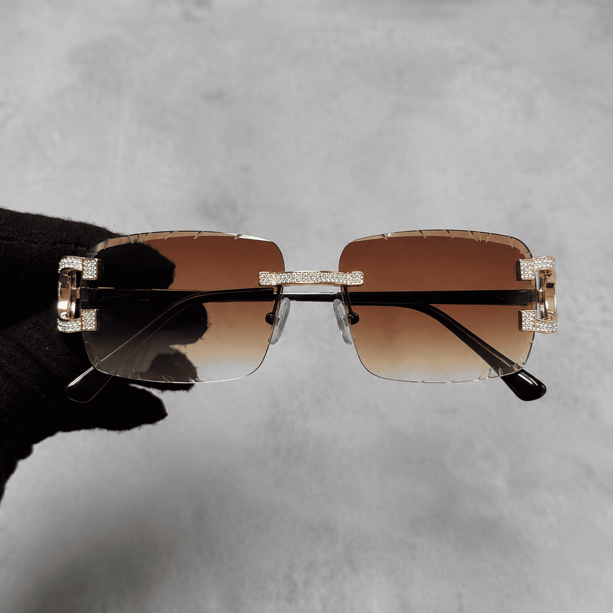 Iced Out 3.23CT Moissanite Rimless Sunglasses in Premium Sterling Silver - Brown Lens