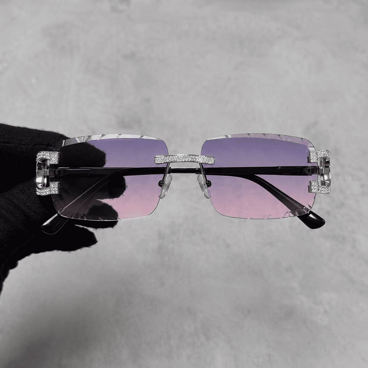 Iced Out 3.23CT Moissanite Rimless Sunglasses in Premium Sterling Silver - Pink Lens