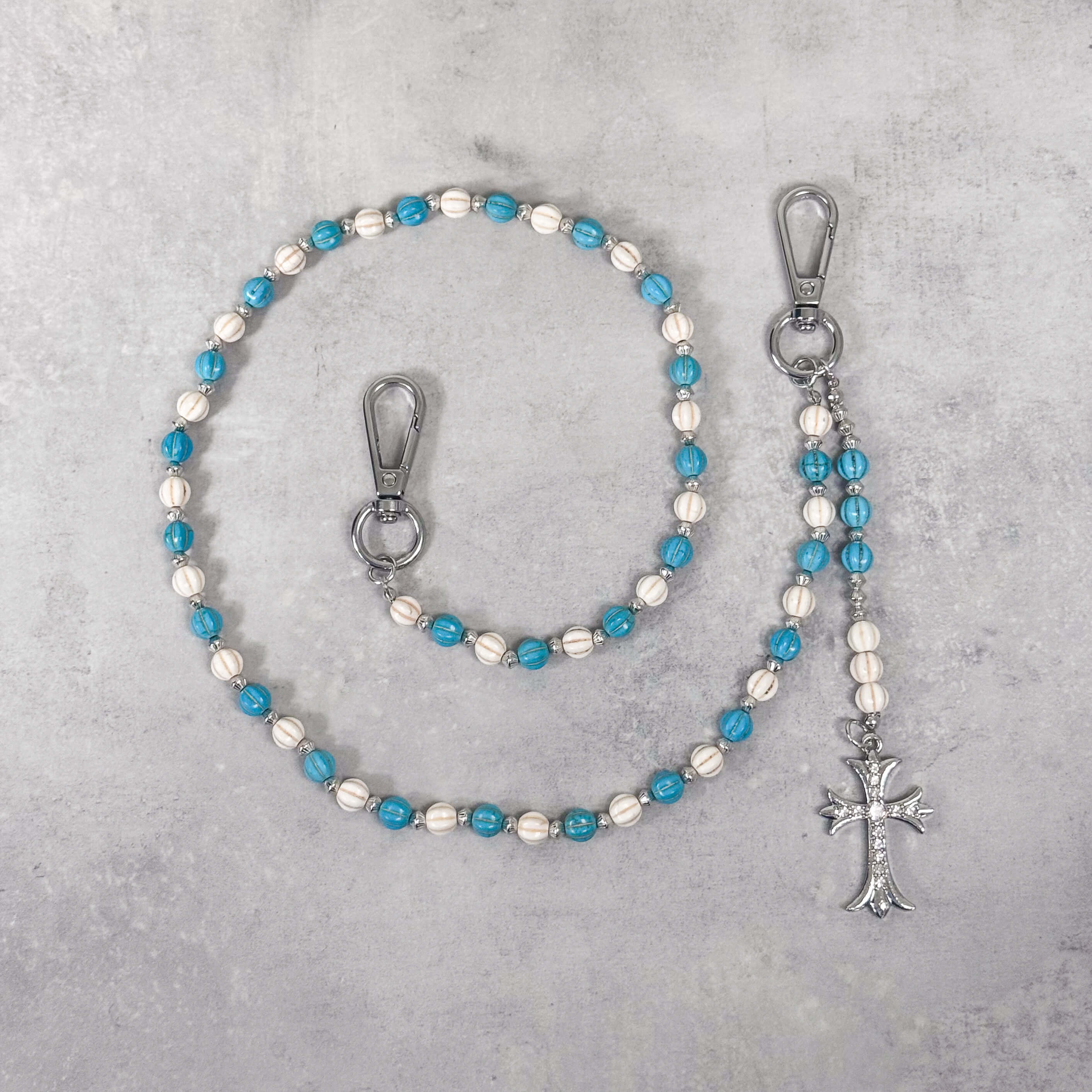 Turquoise and White Beaded Cross Pant Chain