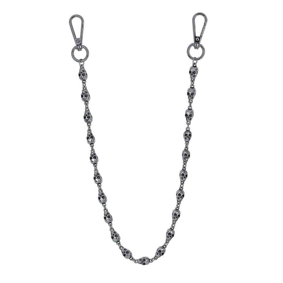 Silver 9mm Skull Link Pant Chain with polished skull links and clasp ends for streetwear looks.