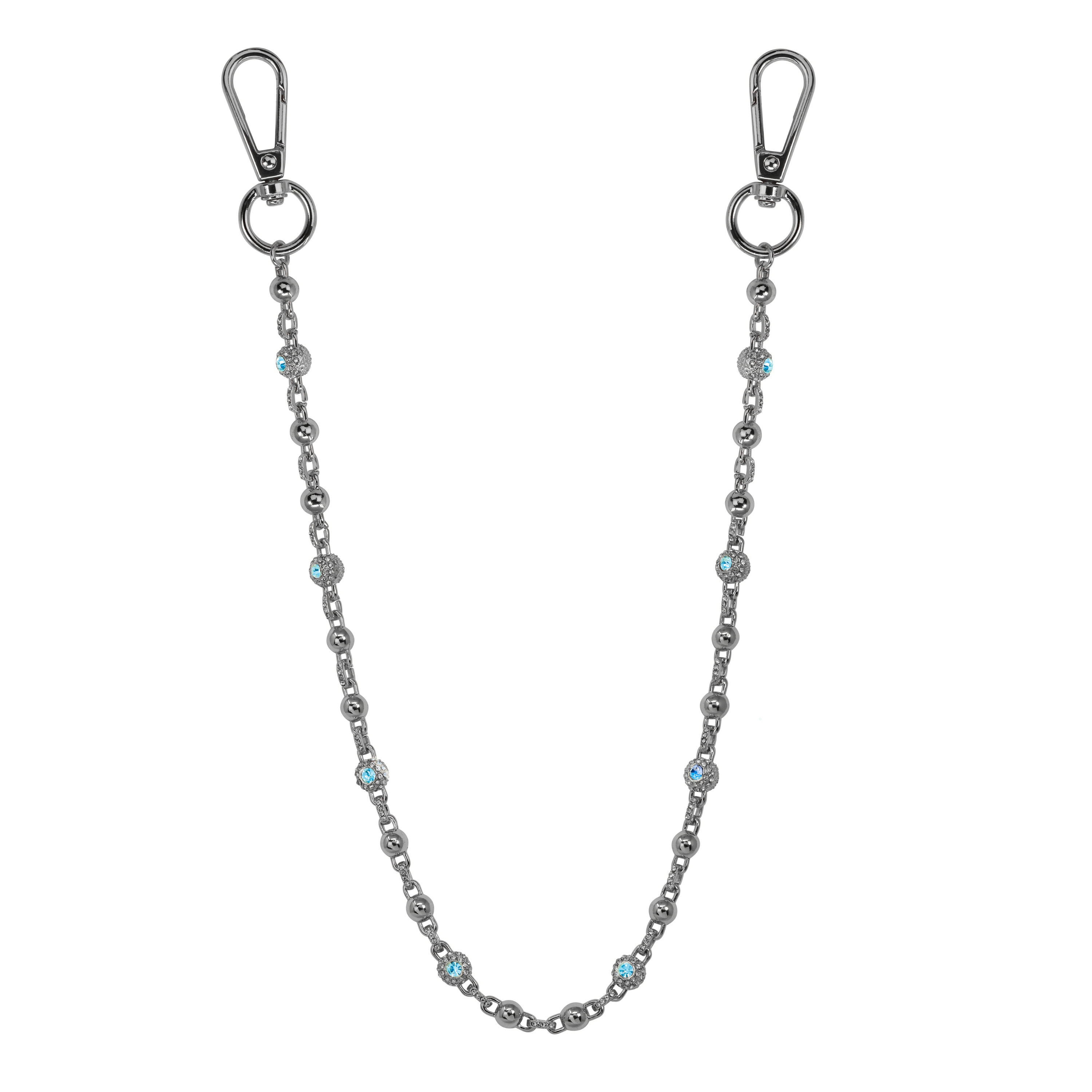 Silver Iced Out Ball Pant Chain embellished with blue crystal accents and polished round metal beads.