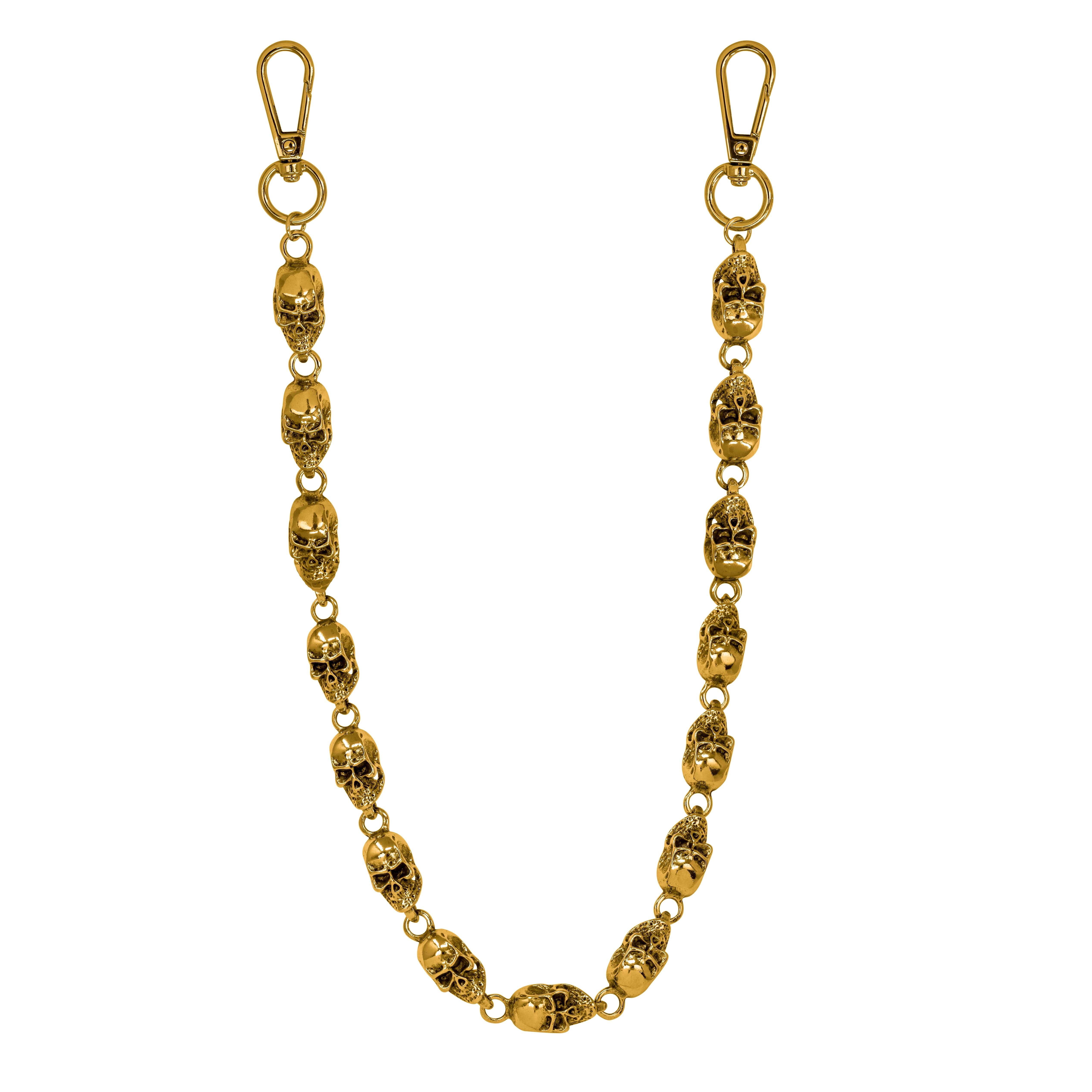 Gold 12mm Skull Link Pant Chain with glossy skull links and secure clip hooks for jeans.