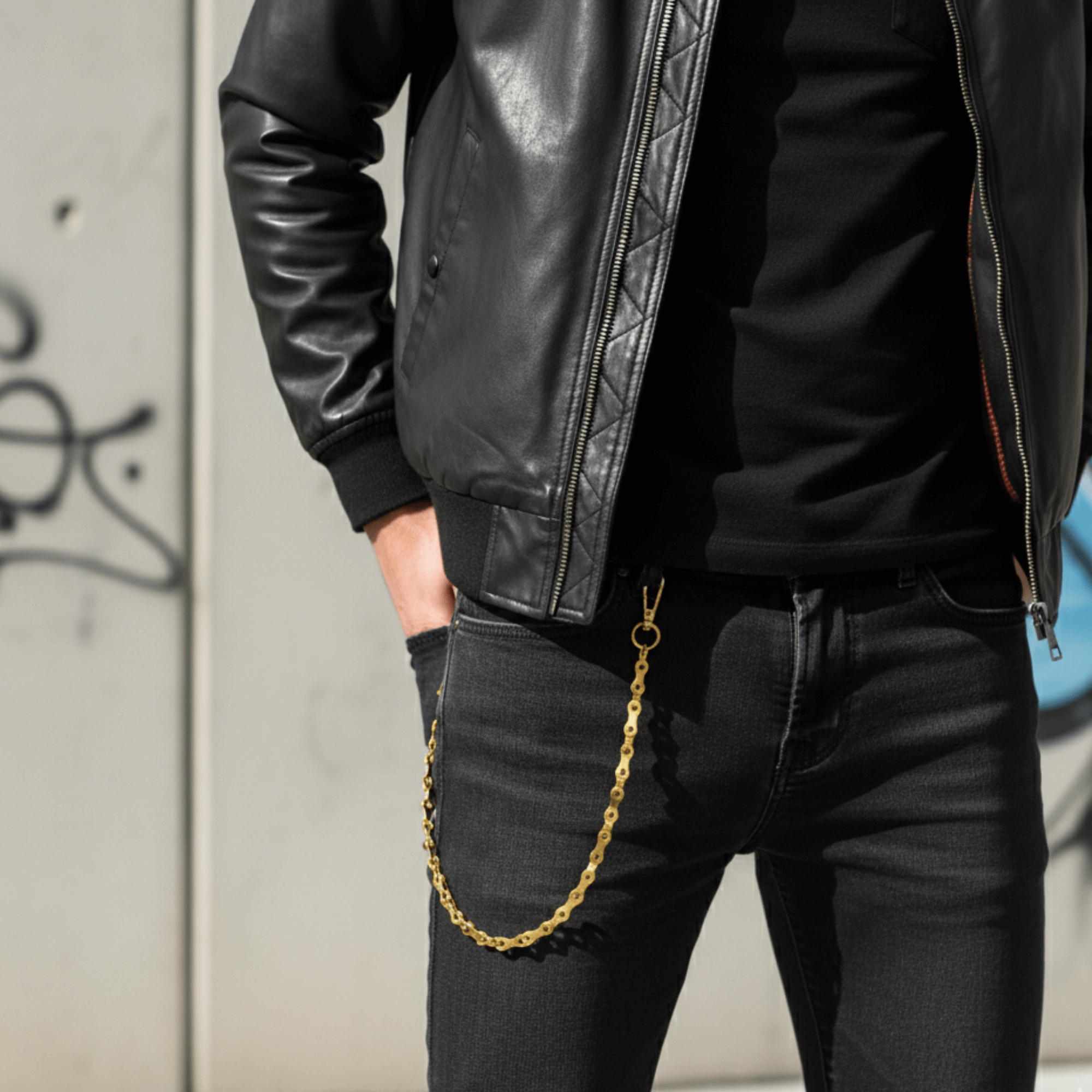 Gold Solid Bike Link Pant Chain styled on black jeans, showcasing its bold bike-link design and streetwear look.