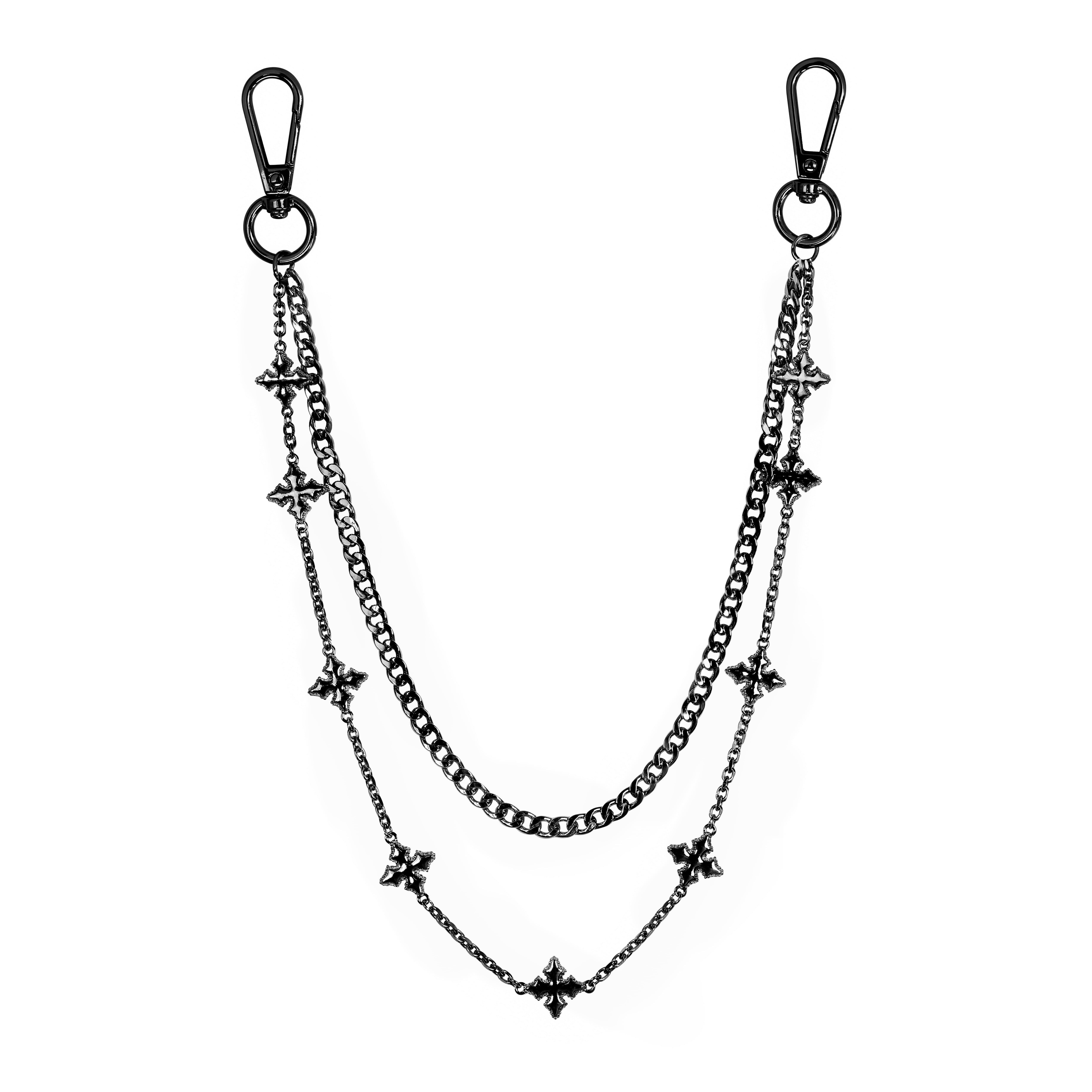 Black Cuban with Cross Pant Chain featuring layered chains and star-inspired metal accents.