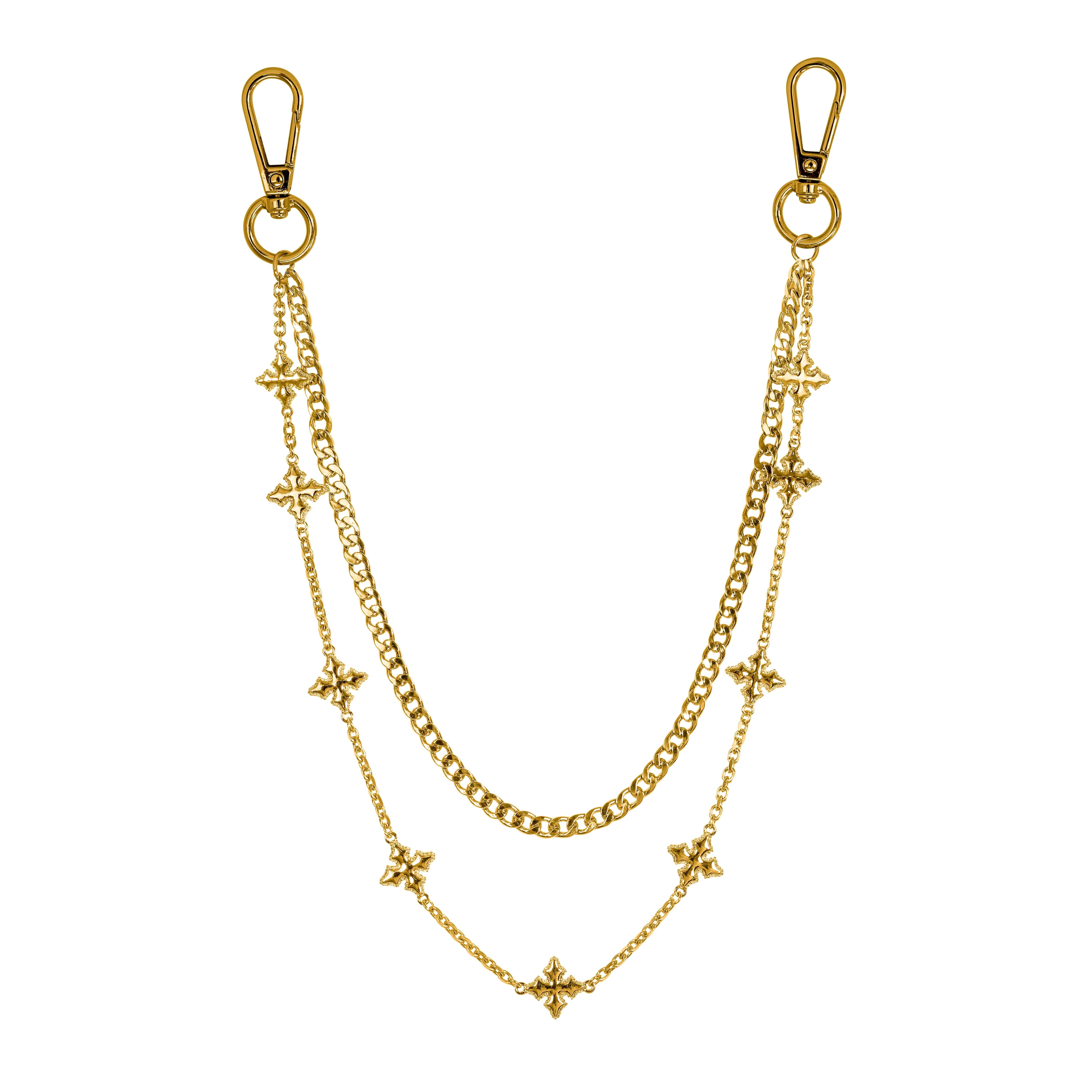 Gold Cuban with Cross Pant Chain featuring layered chains and detailed star-shaped accents.