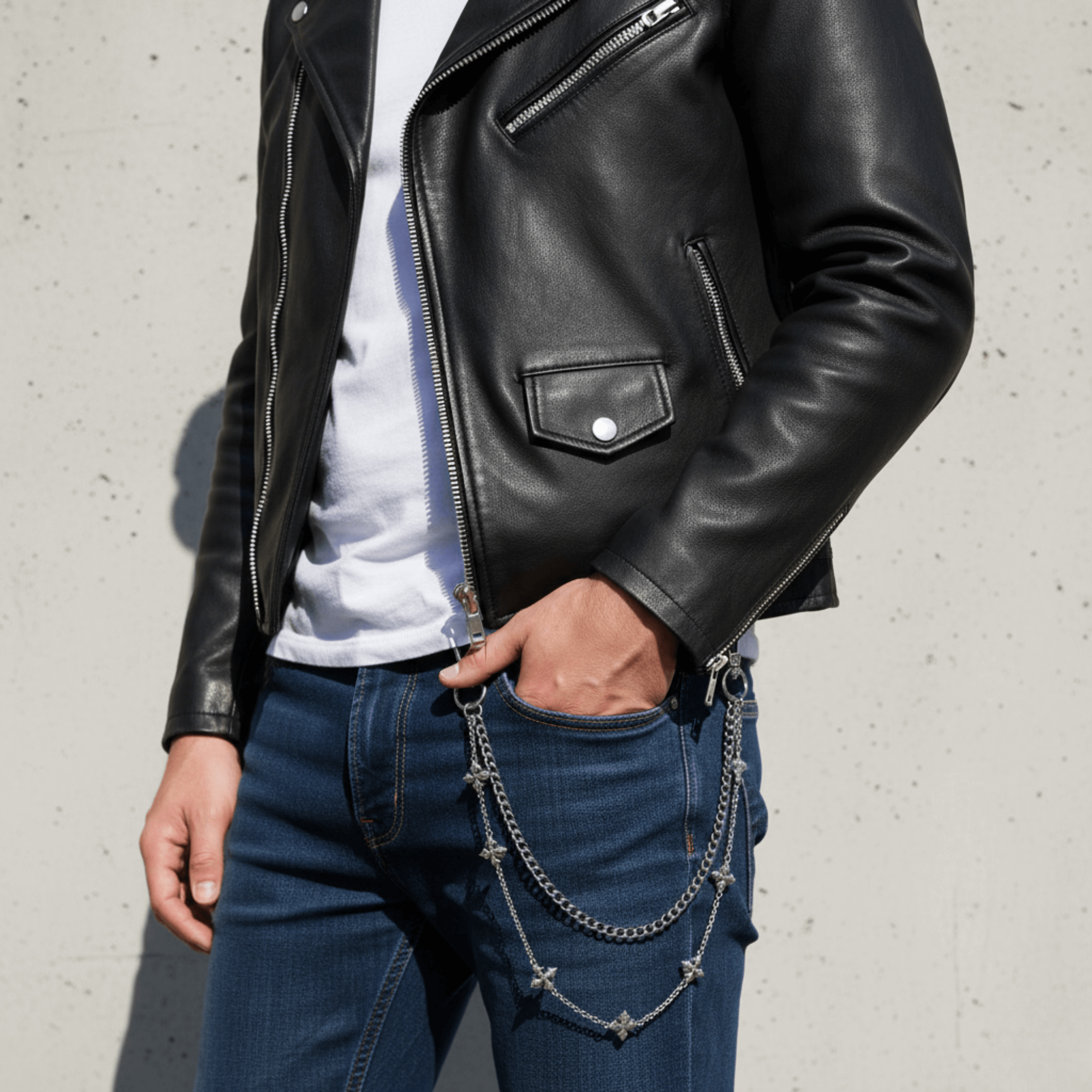 Silver Cuban with Cross Pant Chain worn with leather jacket, featuring layered star chains.