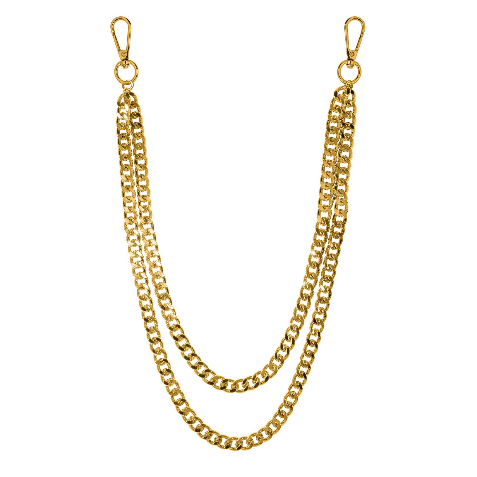 Gold Duo Cuban Chain Link Pant Chain featuring double-layer curb links with metal clasps.