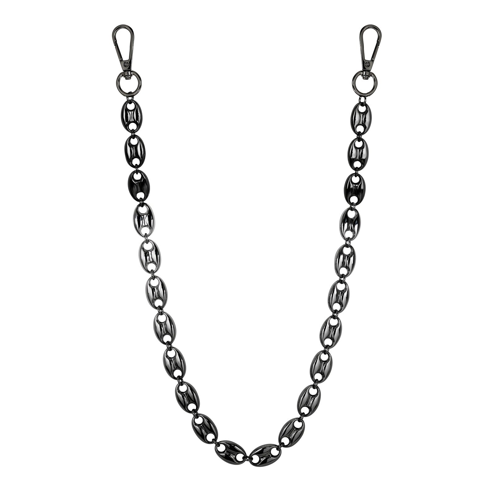 Black mariner link pant chain with polished oval links and clasps, a stylish metal accessory for jeans.