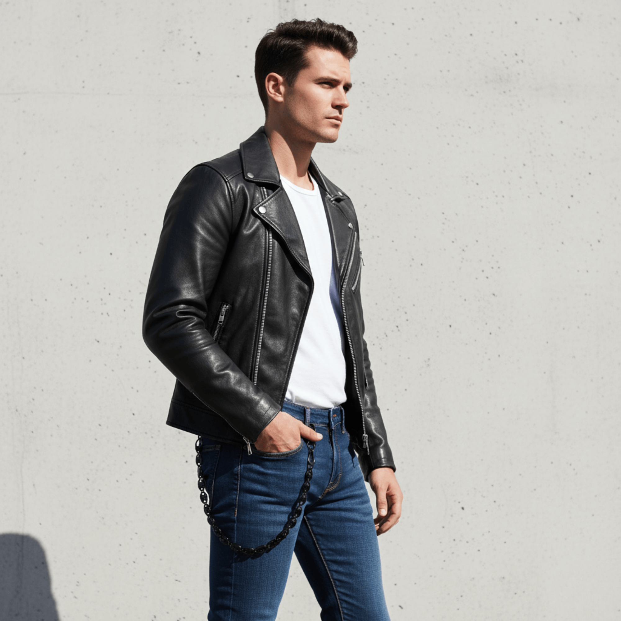 Black mariner link pant chain styled with jeans and a leather jacket, a rugged street accessory.