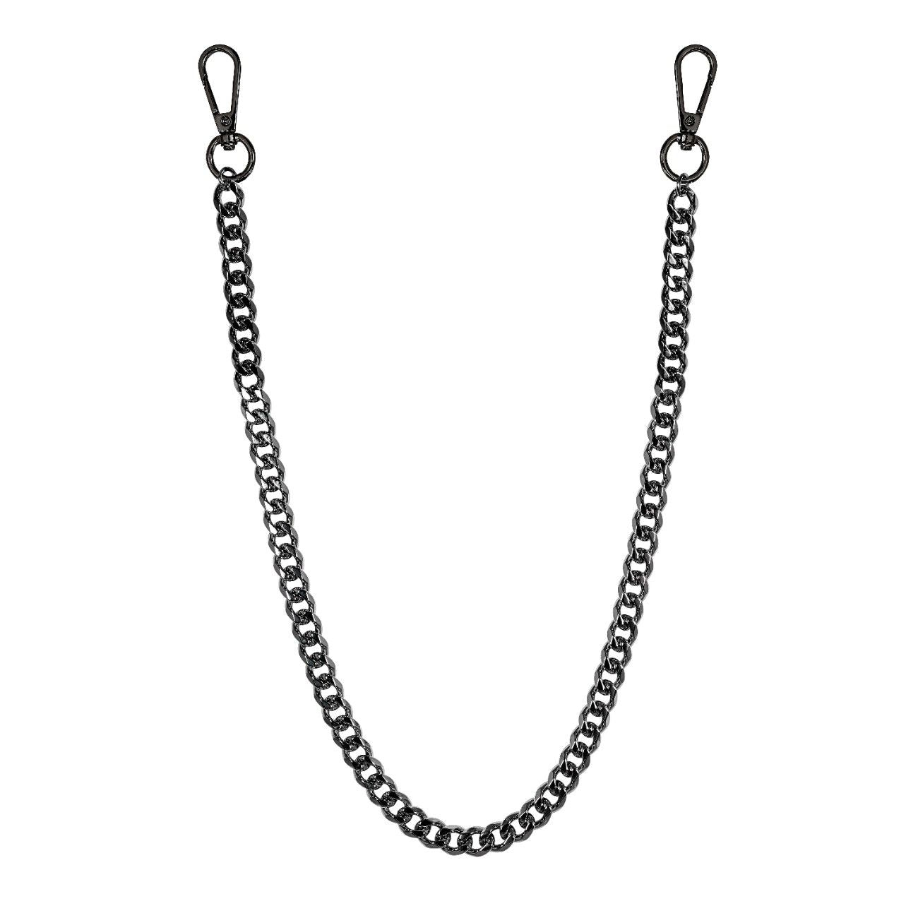 Black solid 10mm Cuban link pant chain with metal clasps, a sleek minimalist accessory for jeans.