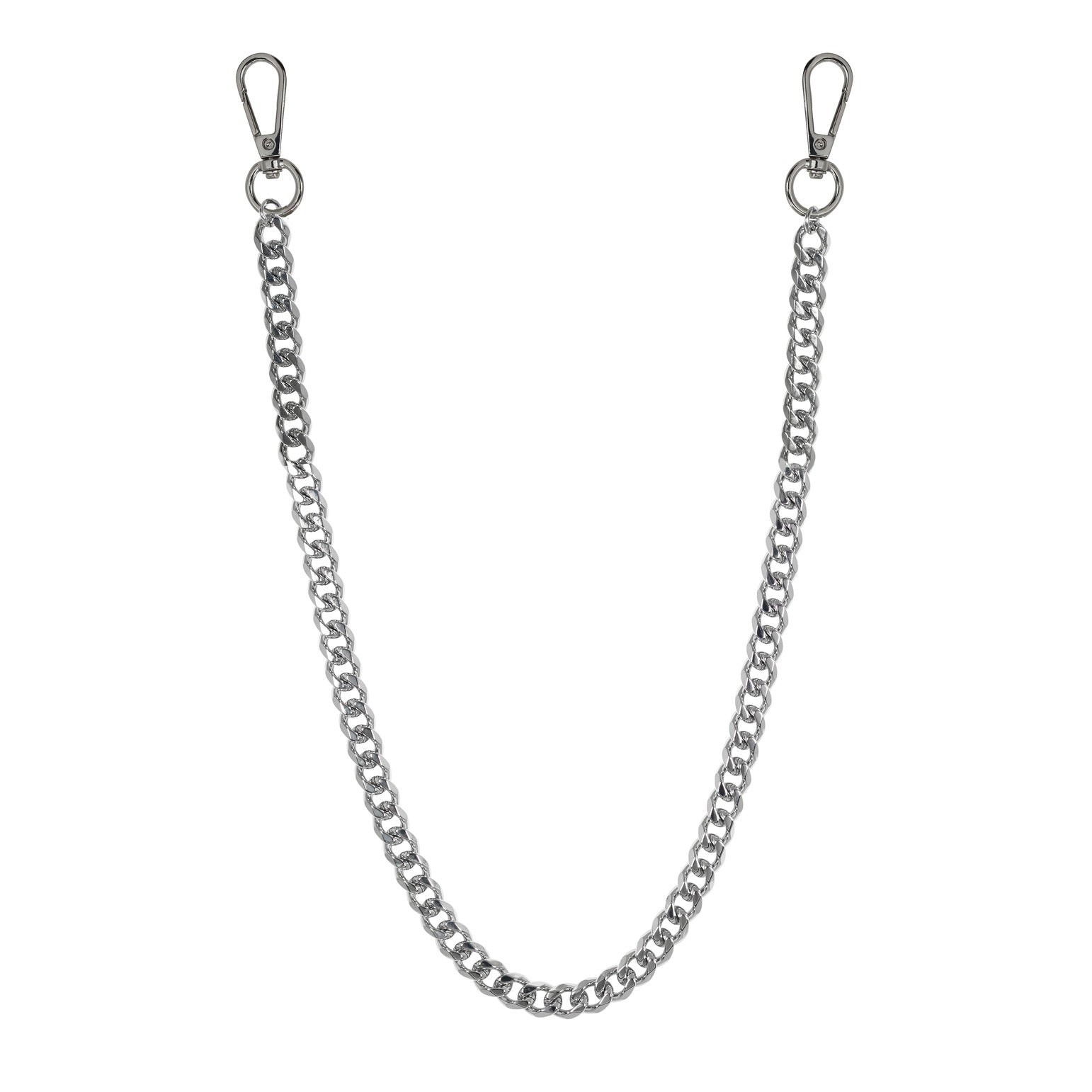 Silver solid 10mm Cuban link pant chain with sturdy clasps, a durable metal accessory for jeans.