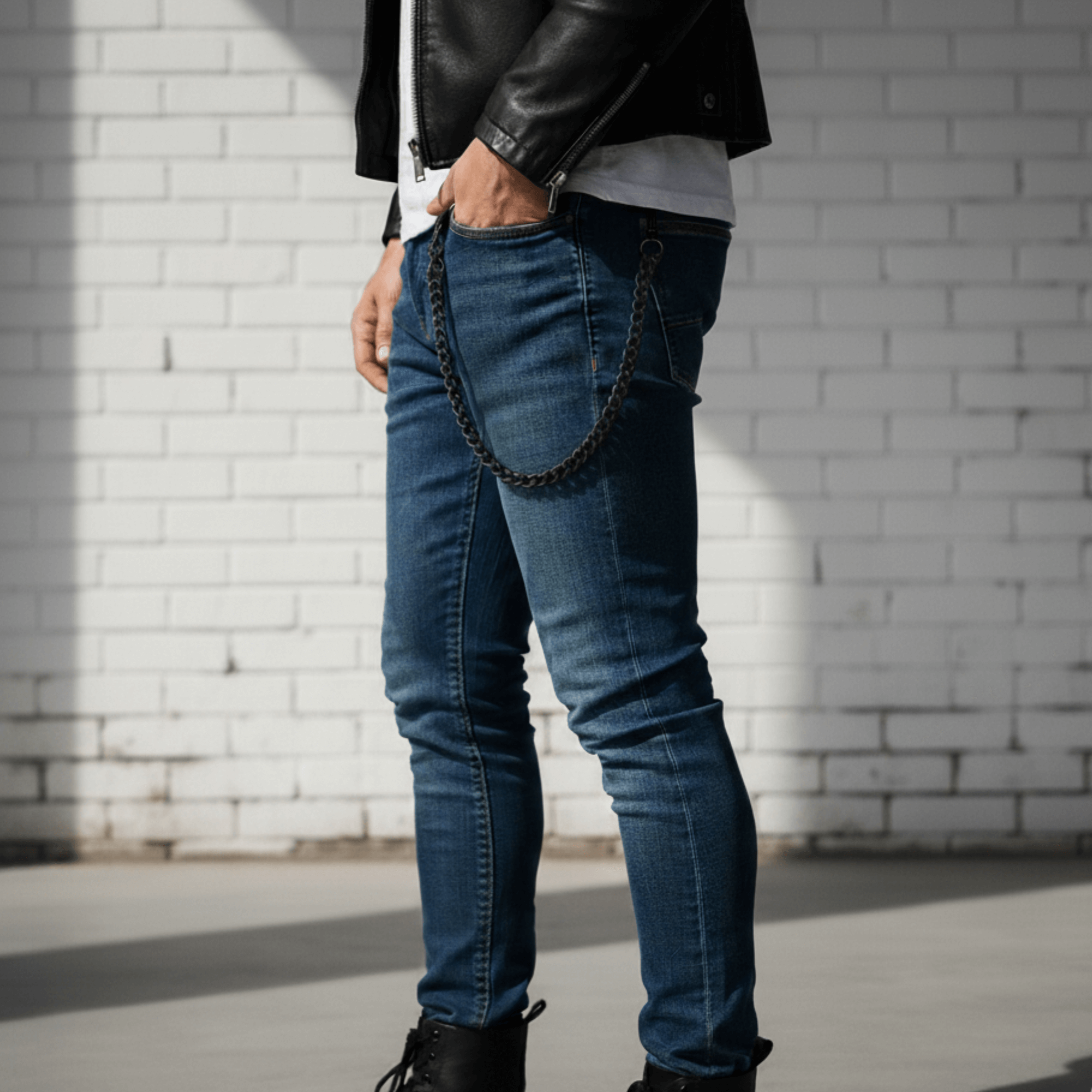 Black solid 10mm Cuban link pant chain styled with blue jeans and boots, a rugged modern streetwear look.
