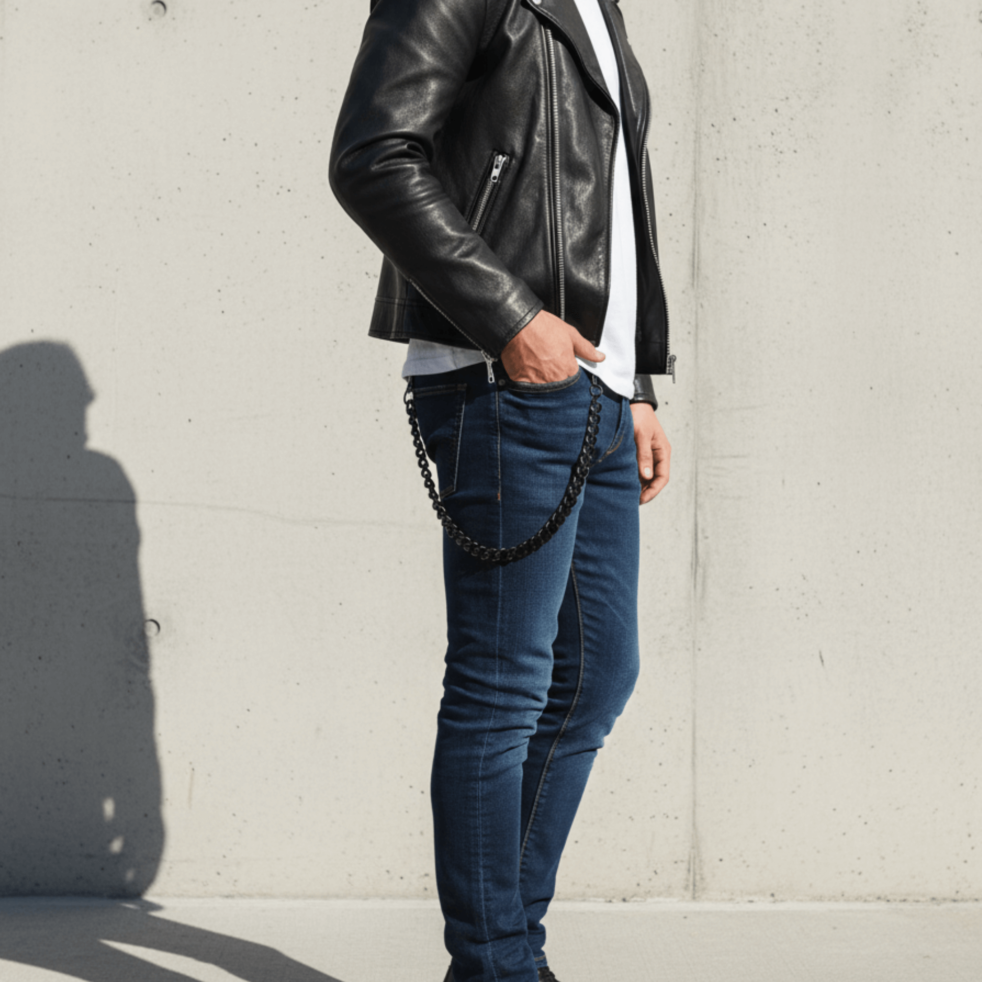 Solid 14mm Cuban Link Pant Chain in black metal worn on jeans with leather jacket for streetwear look.