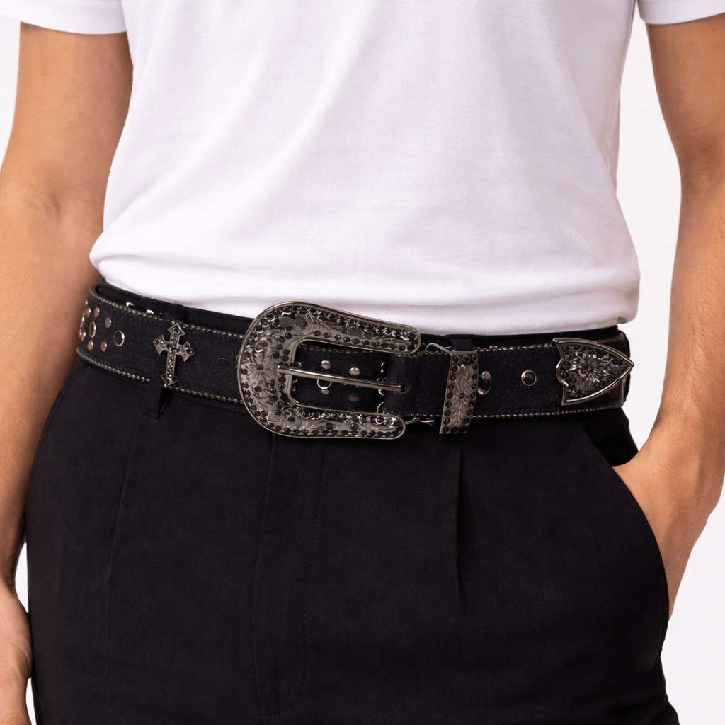 Iced Out Faux Leather Belt with Cross Details