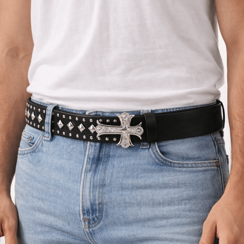 Iced Out Cross Studded Belt – Faux Leather