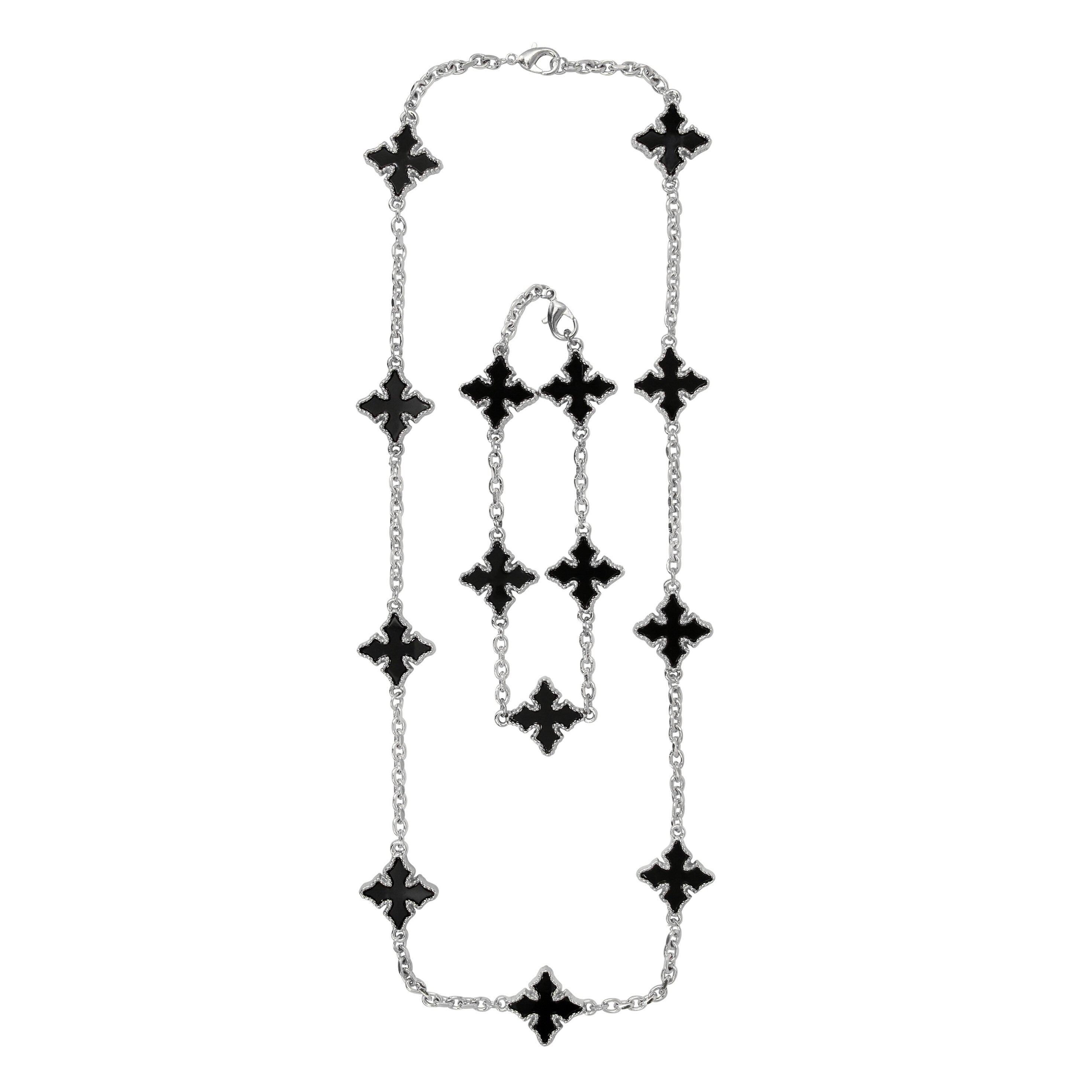 Silver men’s multi-cross necklace and bracelet set featuring black enamel double-sided charms.