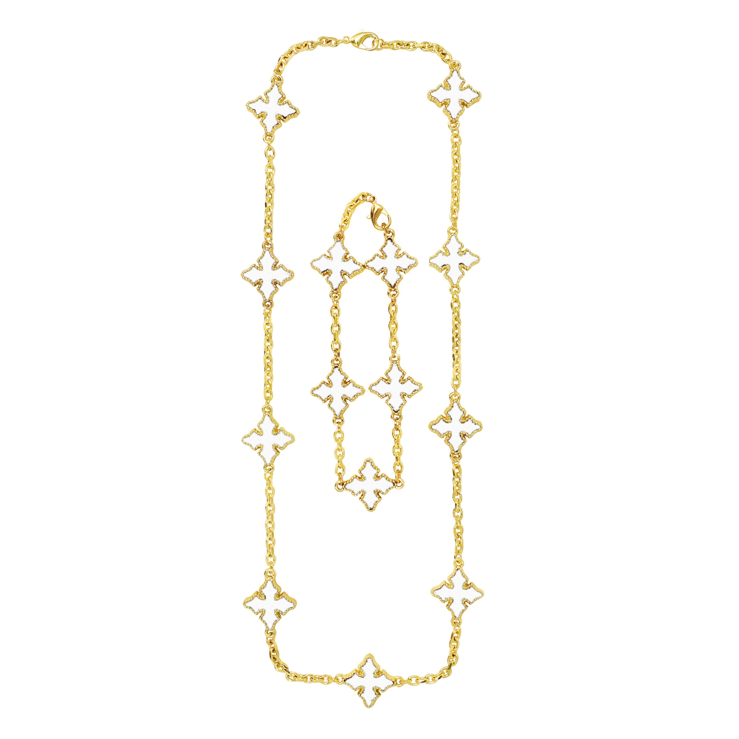 Gold men’s multi-cross necklace and bracelet set with White enamel double-sided cross charms.