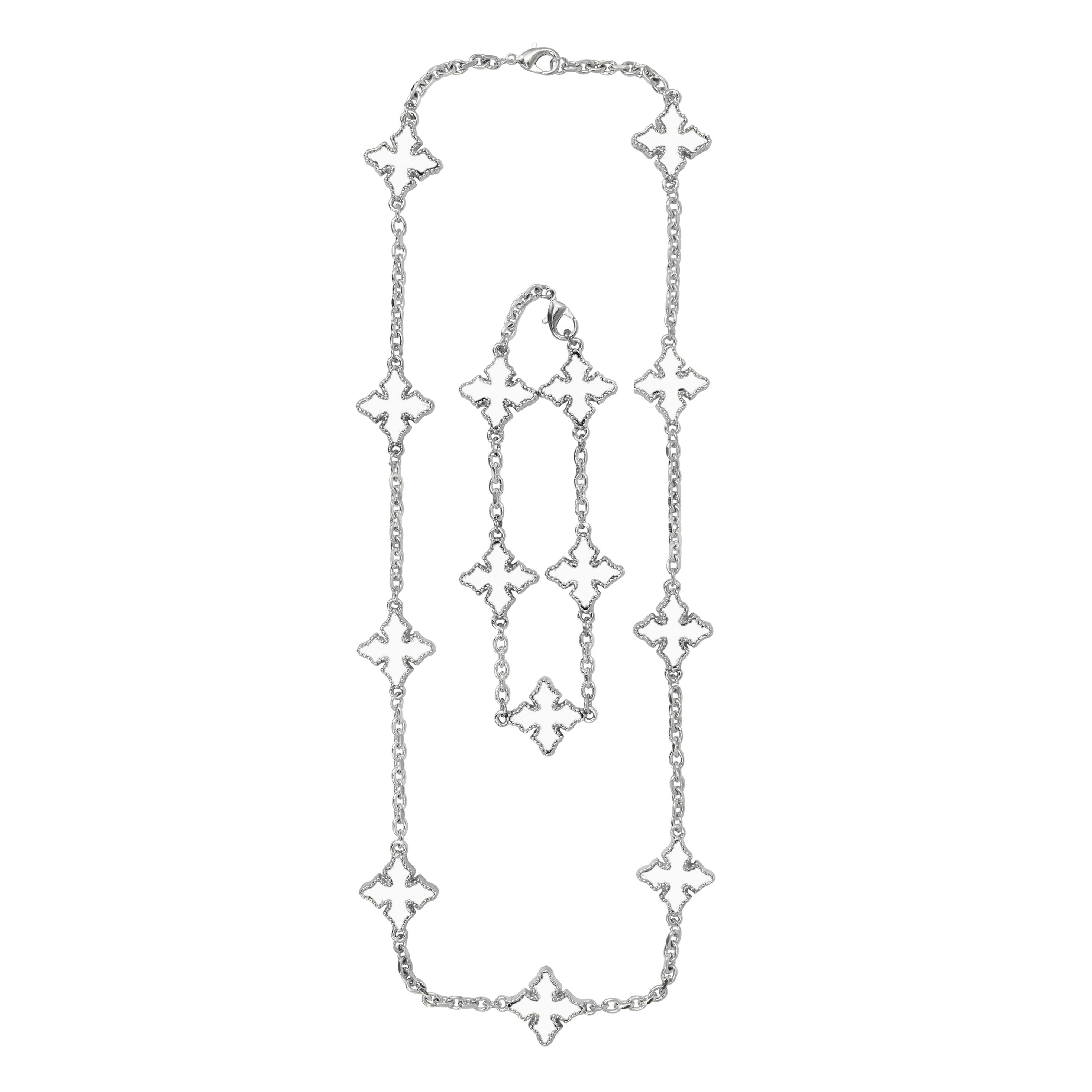 Silver men’s multi-cross necklace and bracelet set featuring White enamel double-sided charms.