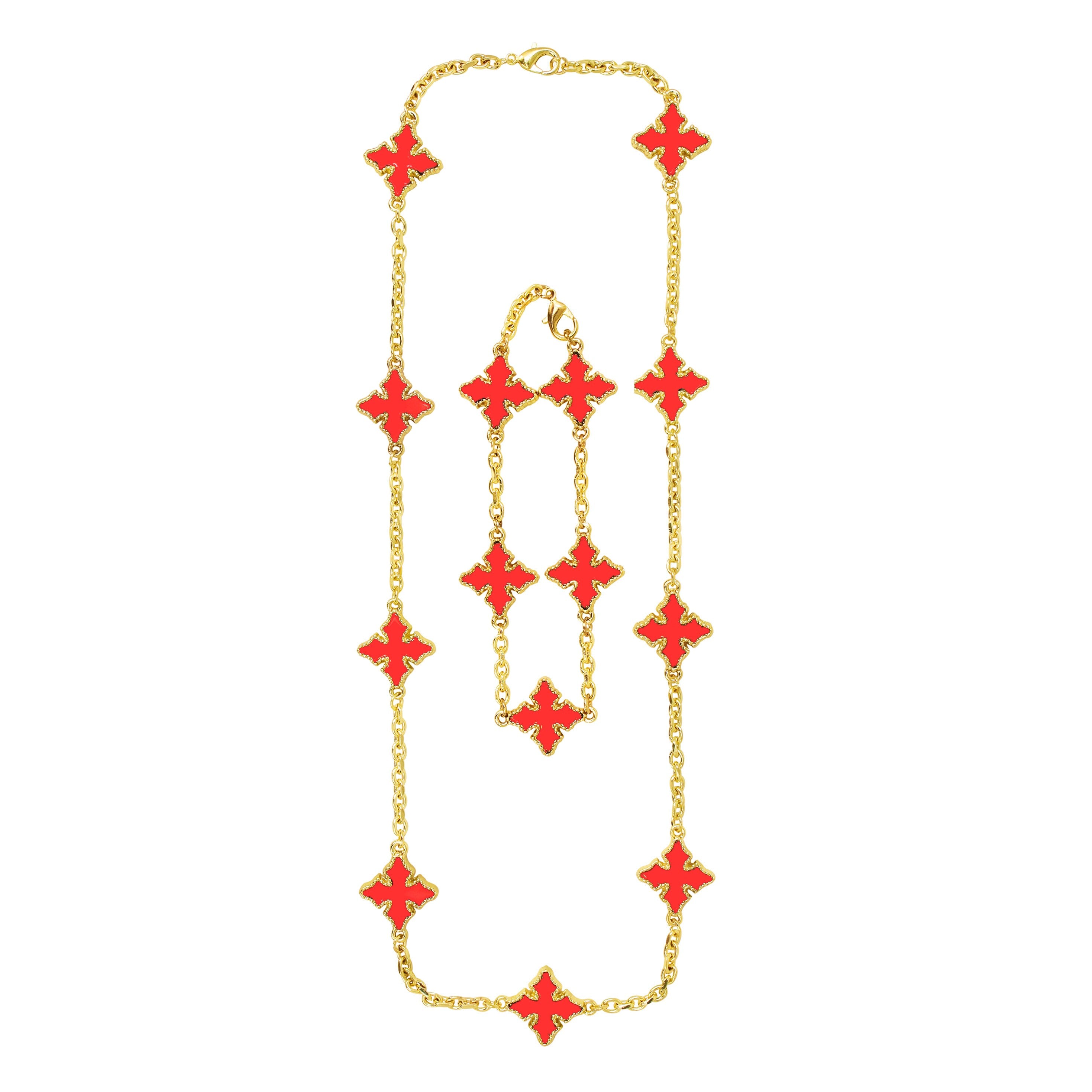 Gold men’s multi-cross necklace and bracelet set with Red enamel double-sided cross charms.