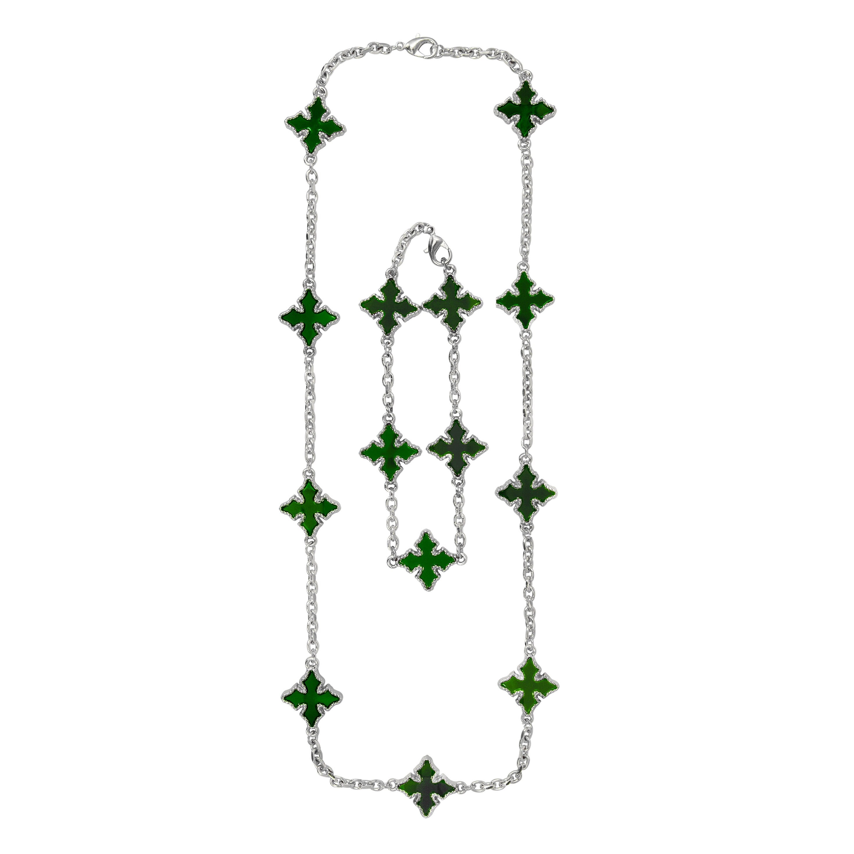 Silver men’s multi-cross necklace and bracelet set featuring Green enamel double-sided charms.