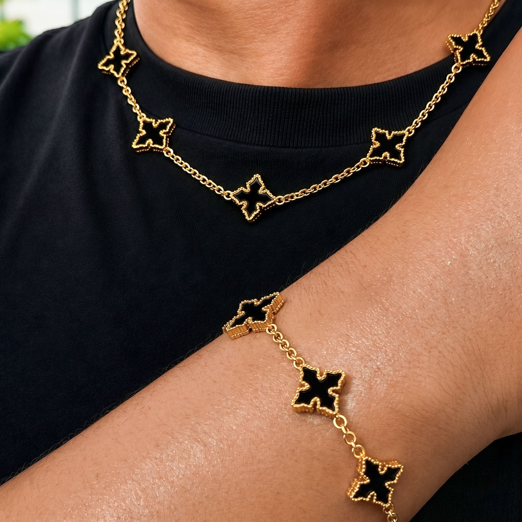 Men's Chrome Inspired 2-Piece Multi-Cross Necklace & Bracelet Set - Double-sided Charms