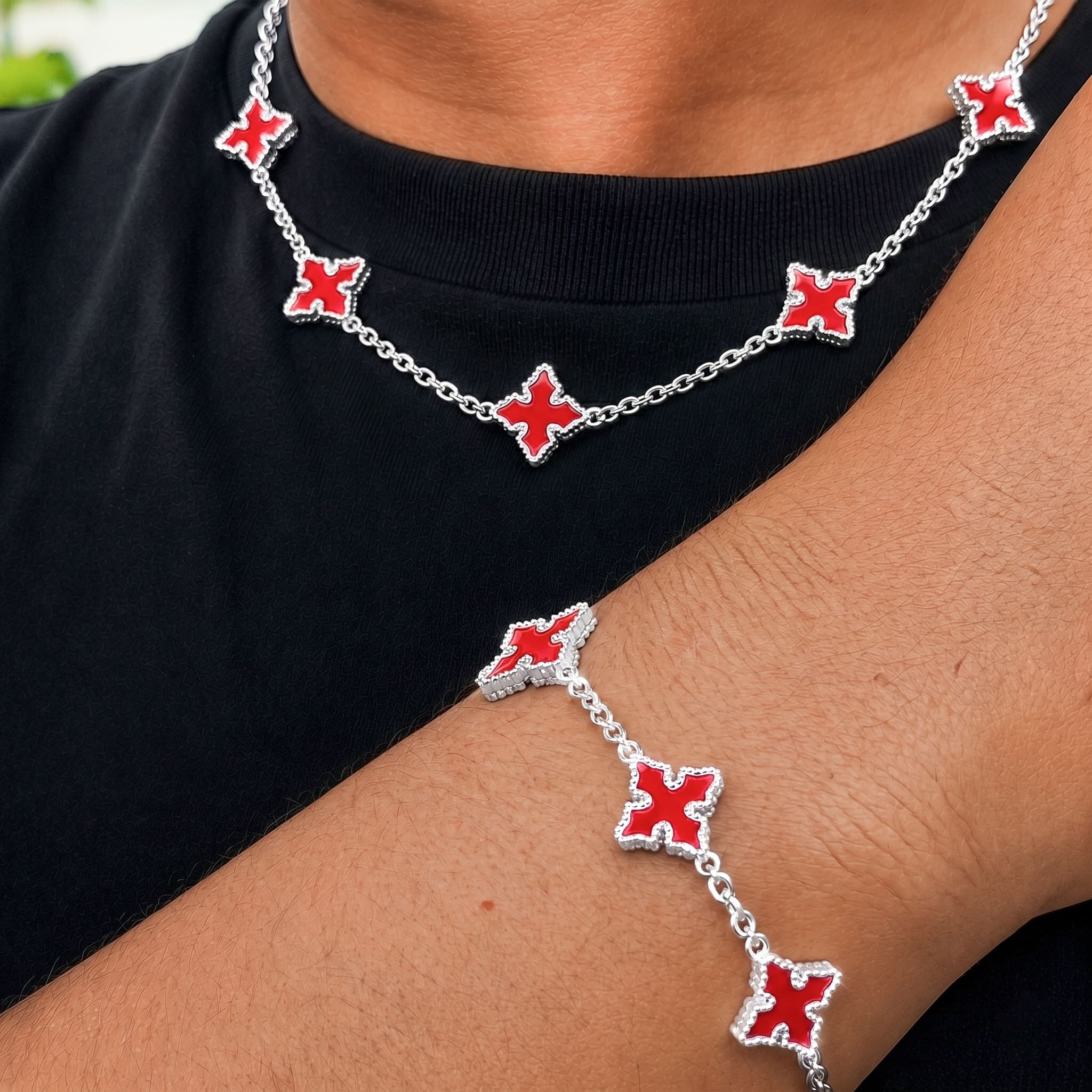 Men's Chrome Inspired 2-Piece Multi-Cross Necklace & Bracelet Set - Double-sided Charms