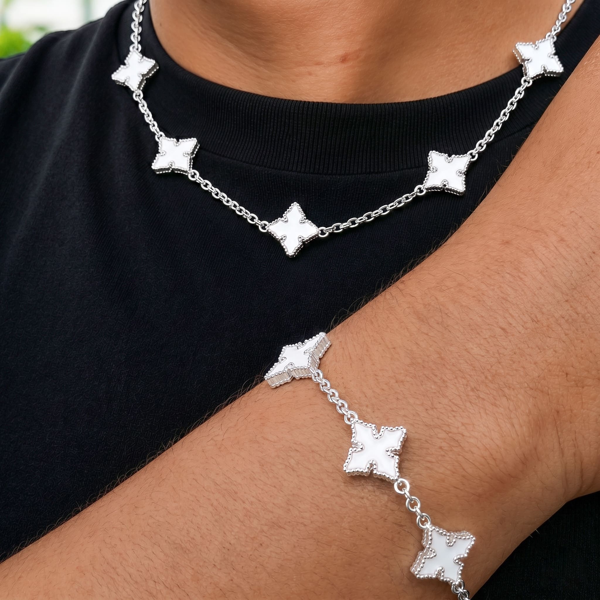 Men's Chrome Inspired 2-Piece Multi-Cross Necklace & Bracelet Set - Double-sided Charms
