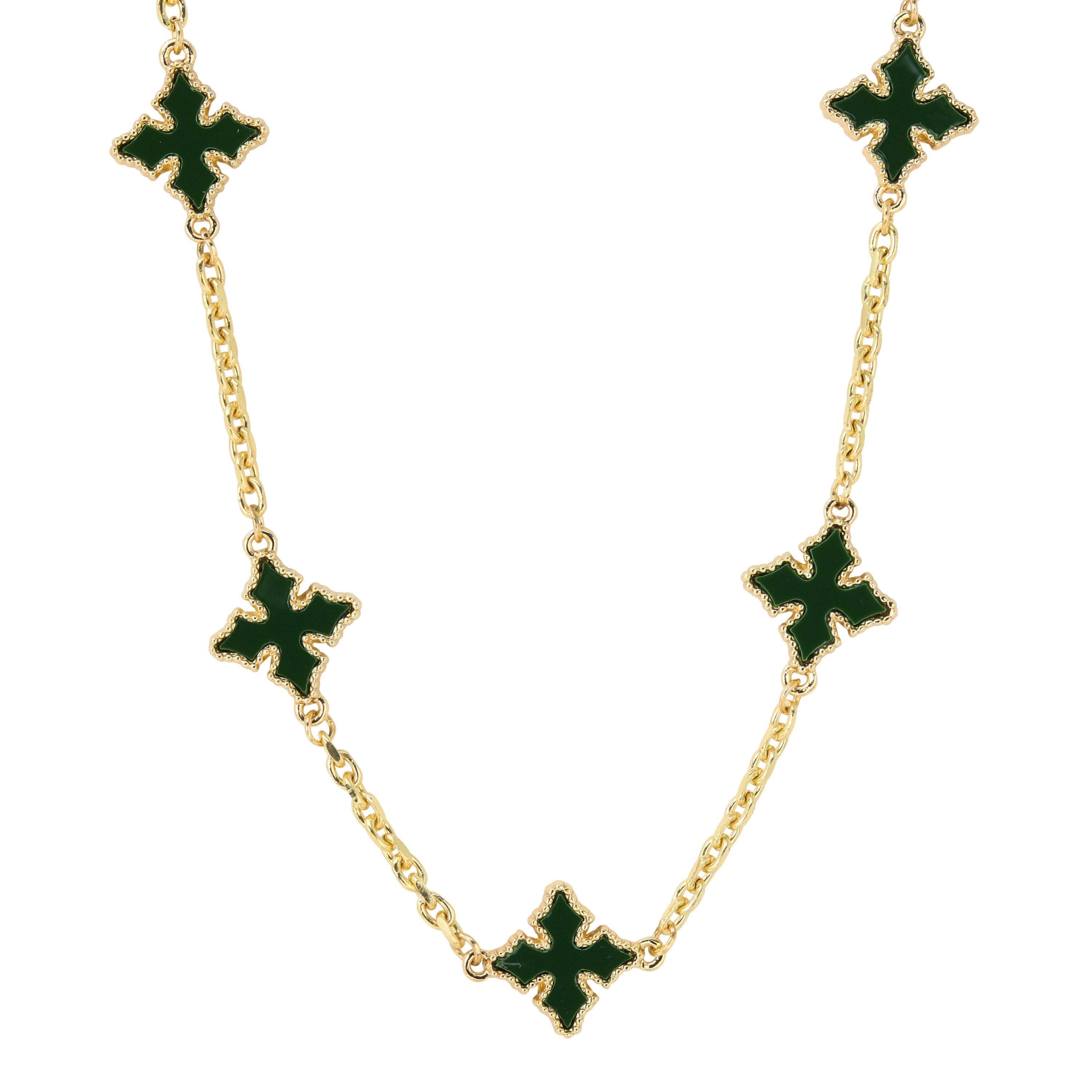 Multi Cross Chrome Inspired Chain in gold with green enamel cross links, product detail studio image.