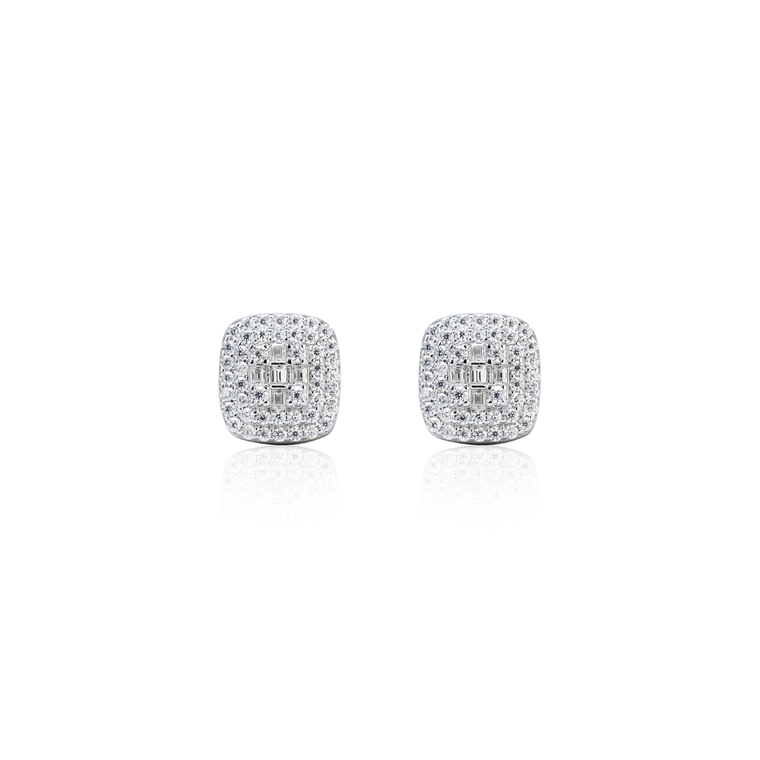 High-clarity 9mm square moissanite cluster earrings in sterling silver on white reflective surface.