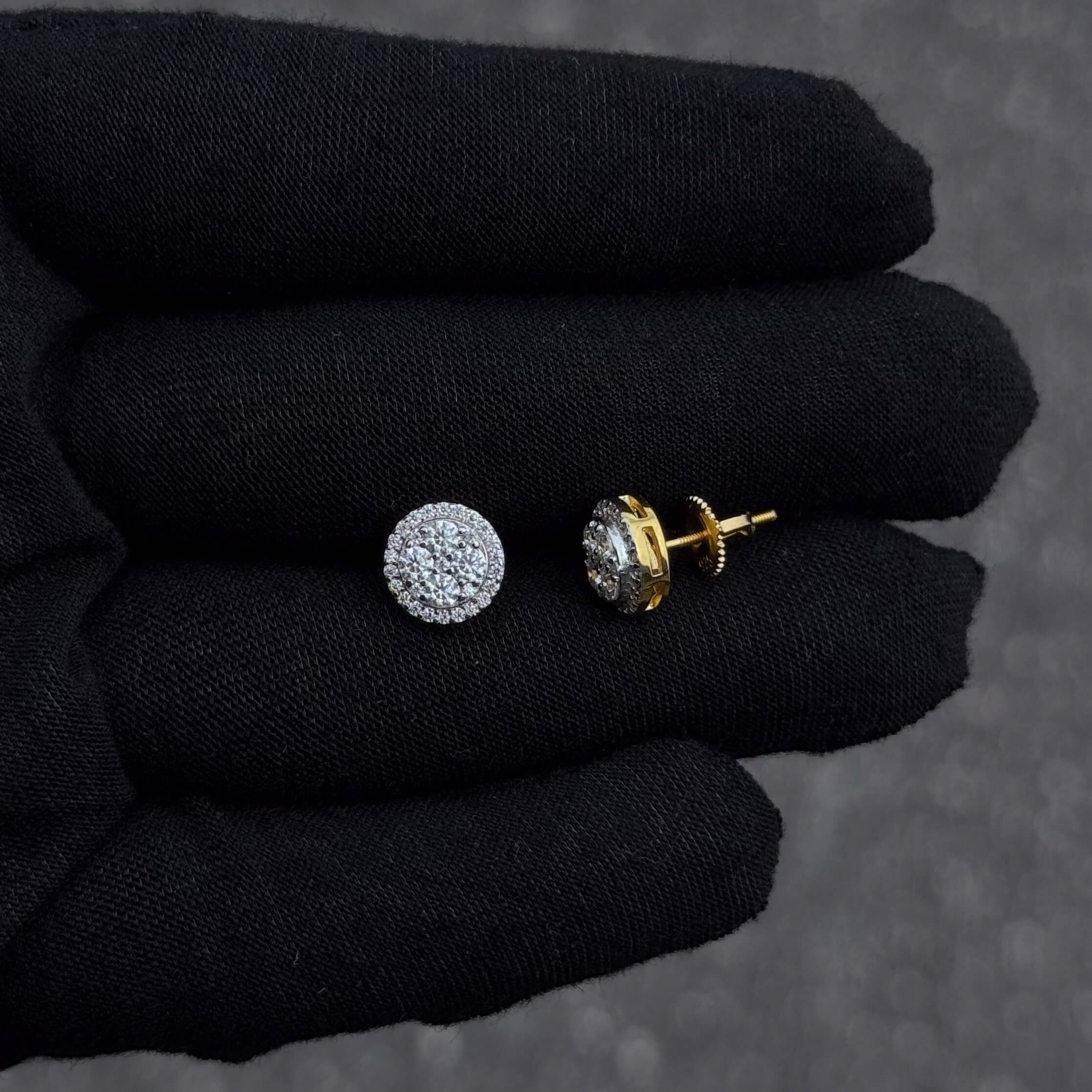 Side and front view of 9mm sterling silver round moissanite cluster earrings with screw back.