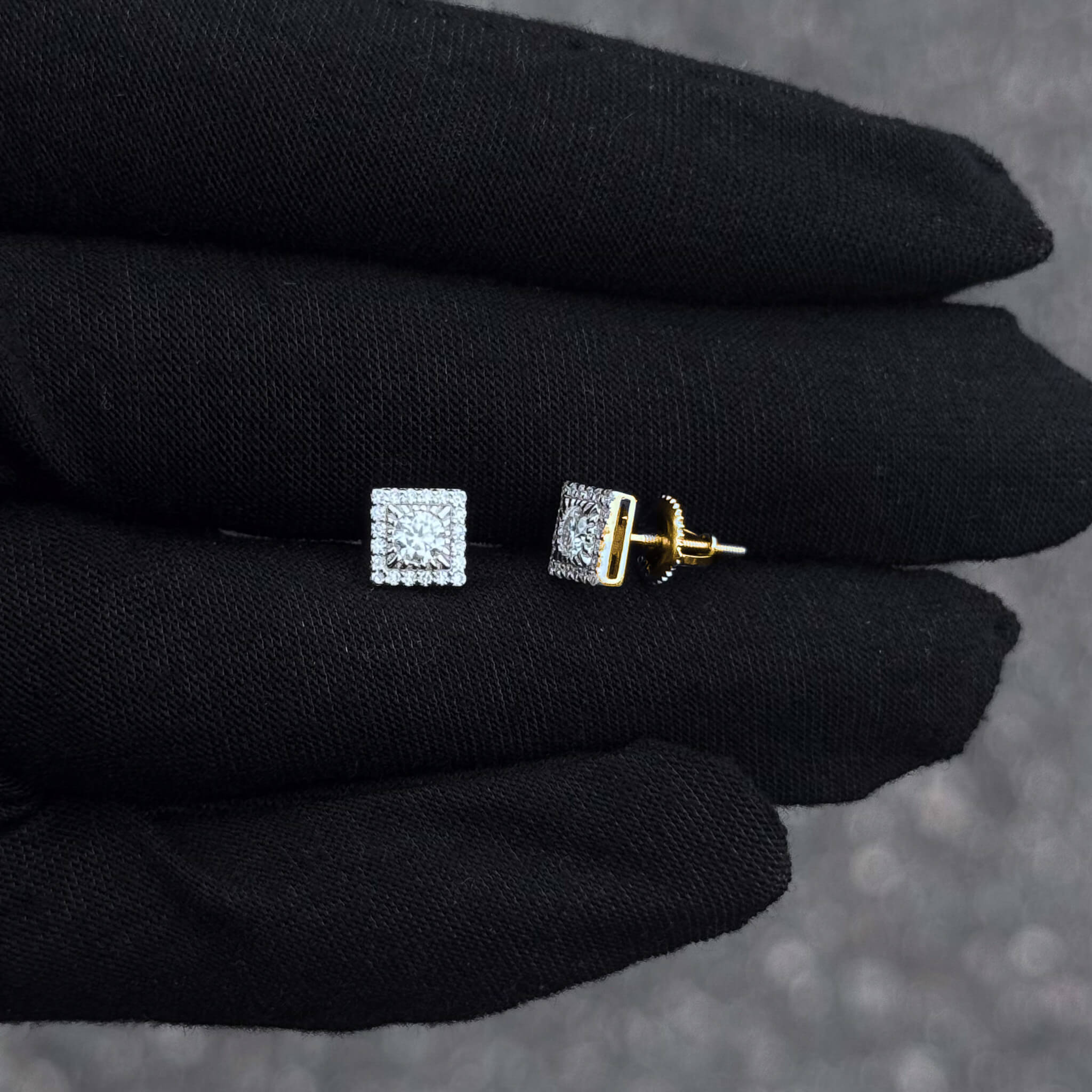 Side and front view of moissanite cluster earrings featuring gold screw-back posts for security.