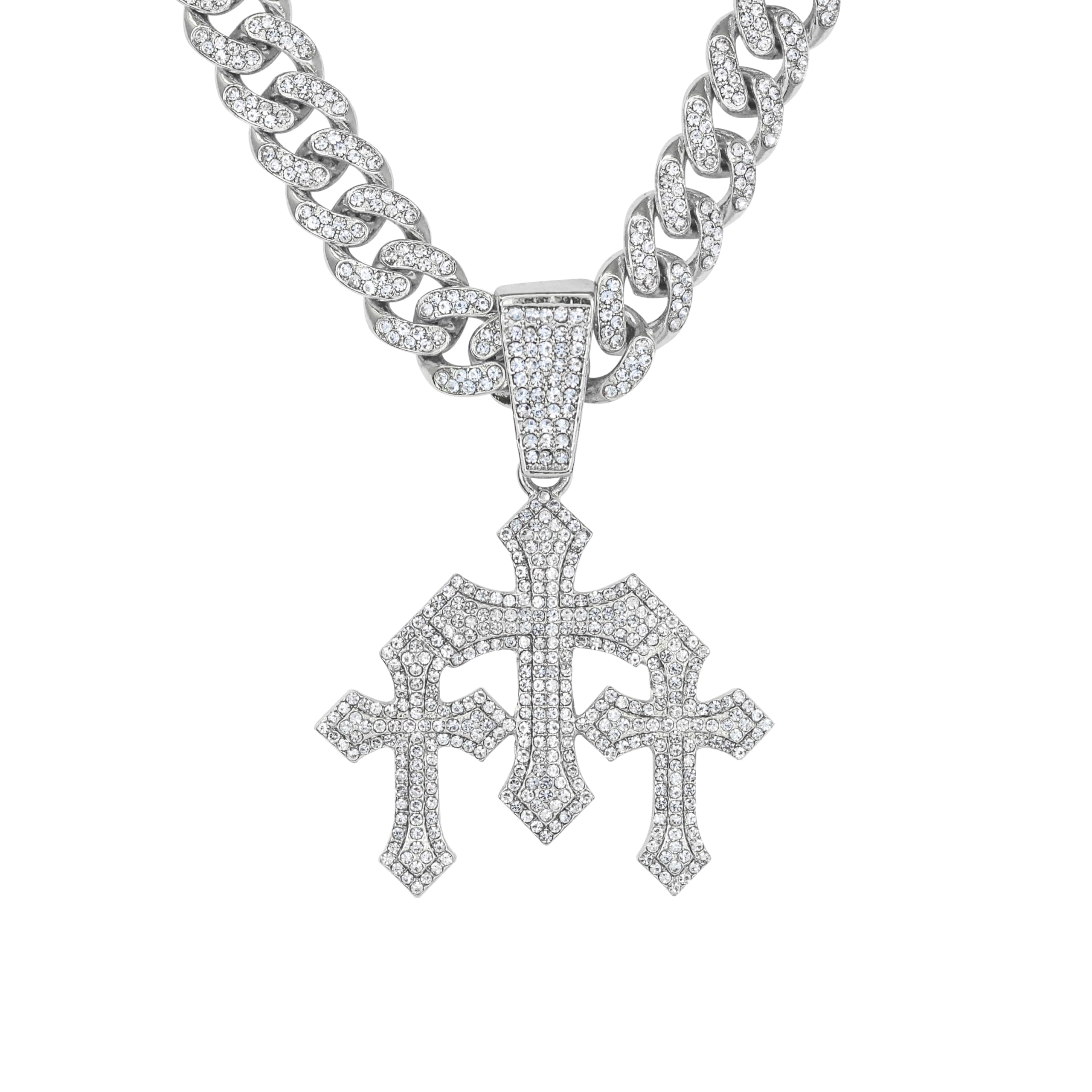 Large 52mm Iced Out Triple Cross Pendant with Cuban Chain