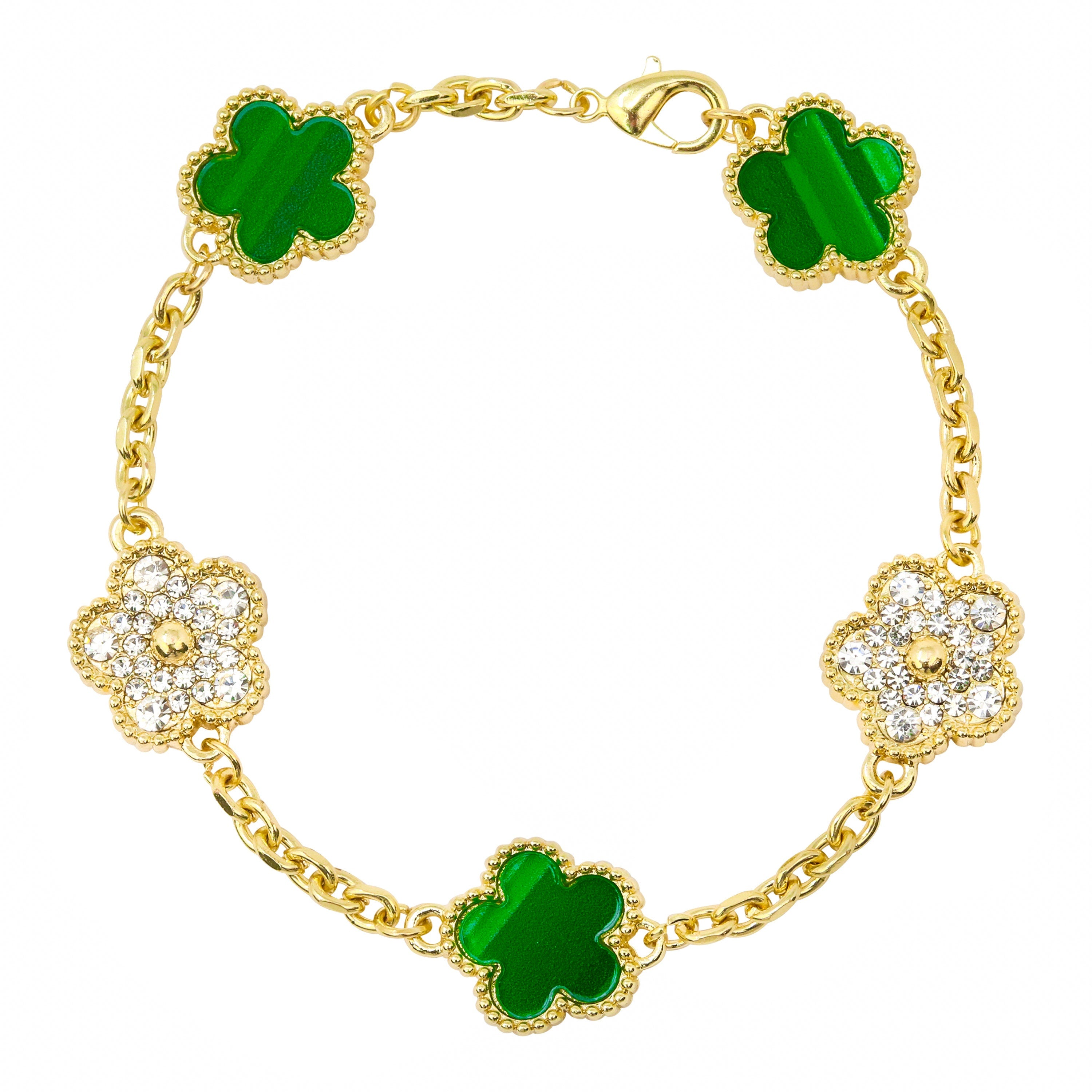 Men's Gold Iced Out 15mm Iced 5-Leaf Clover Link Chain Bracelet - Double Sided Pattern