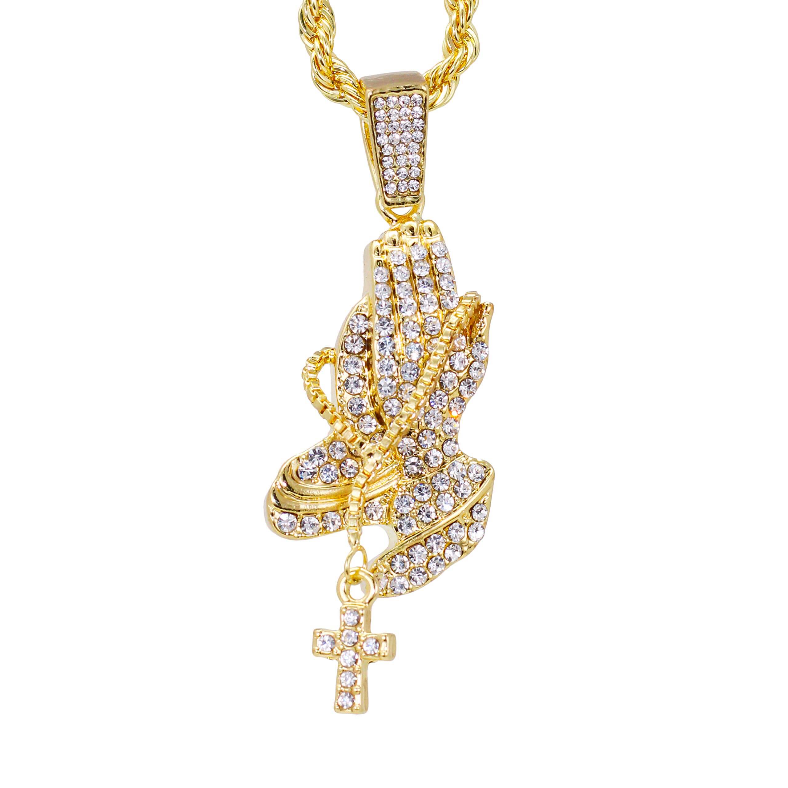Medium Iced Out Praying Hands Pendant with Rope Chain