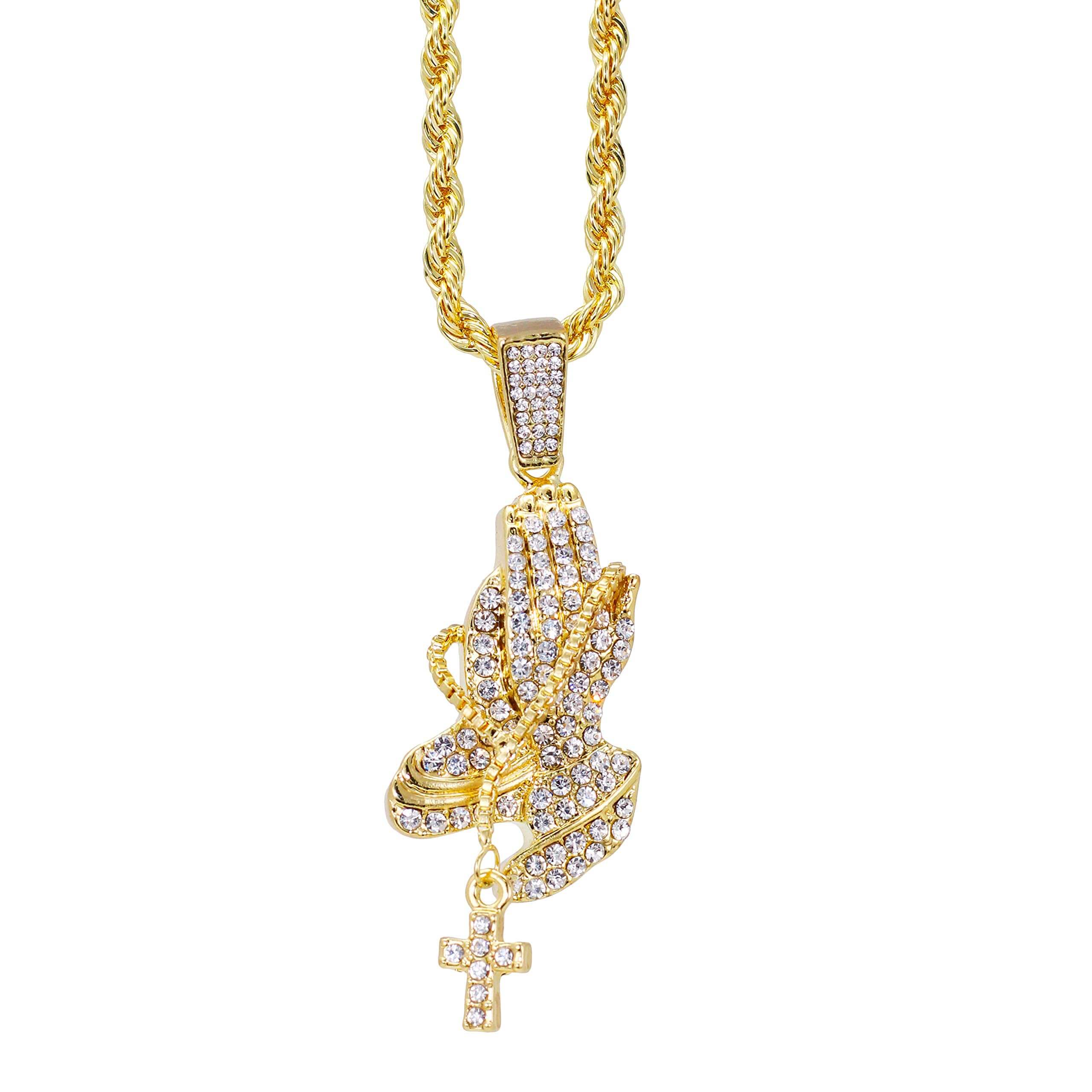 Medium Iced Out Praying Hands Pendant with Rope Chain