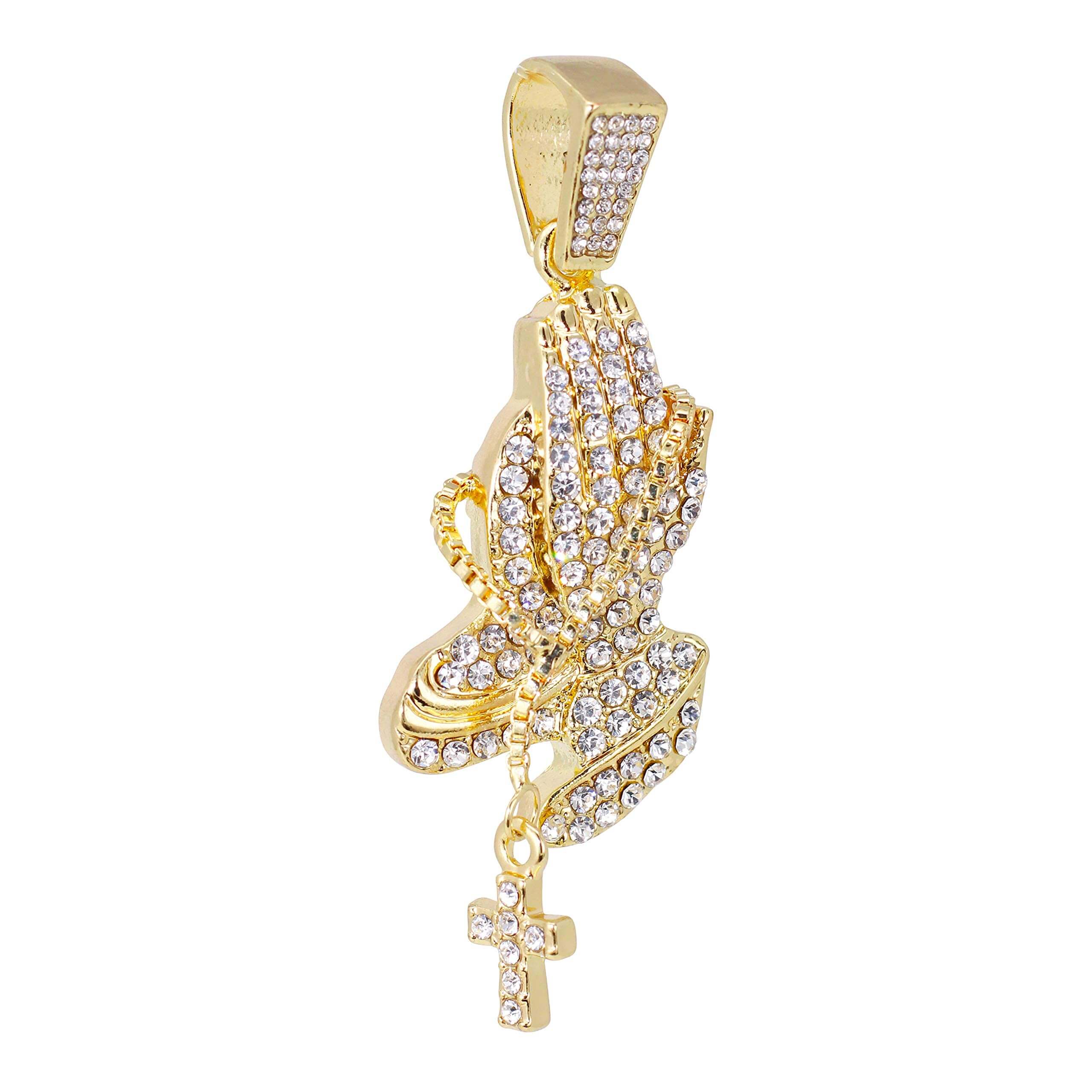 Medium Iced Out Praying Hands Pendant with Rope Chain