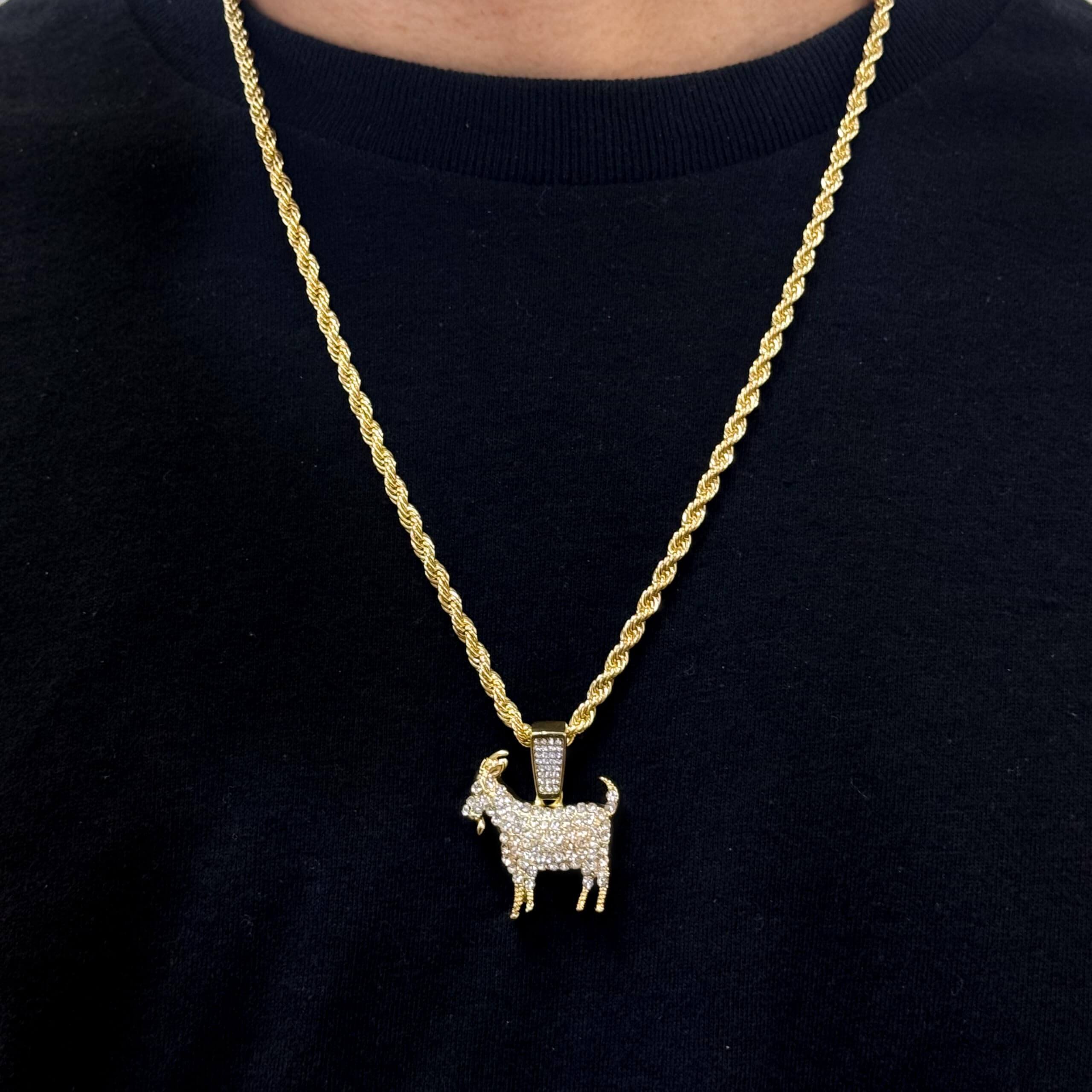 Medium Iced Out Goat Pendant with 4mm Rope Chain